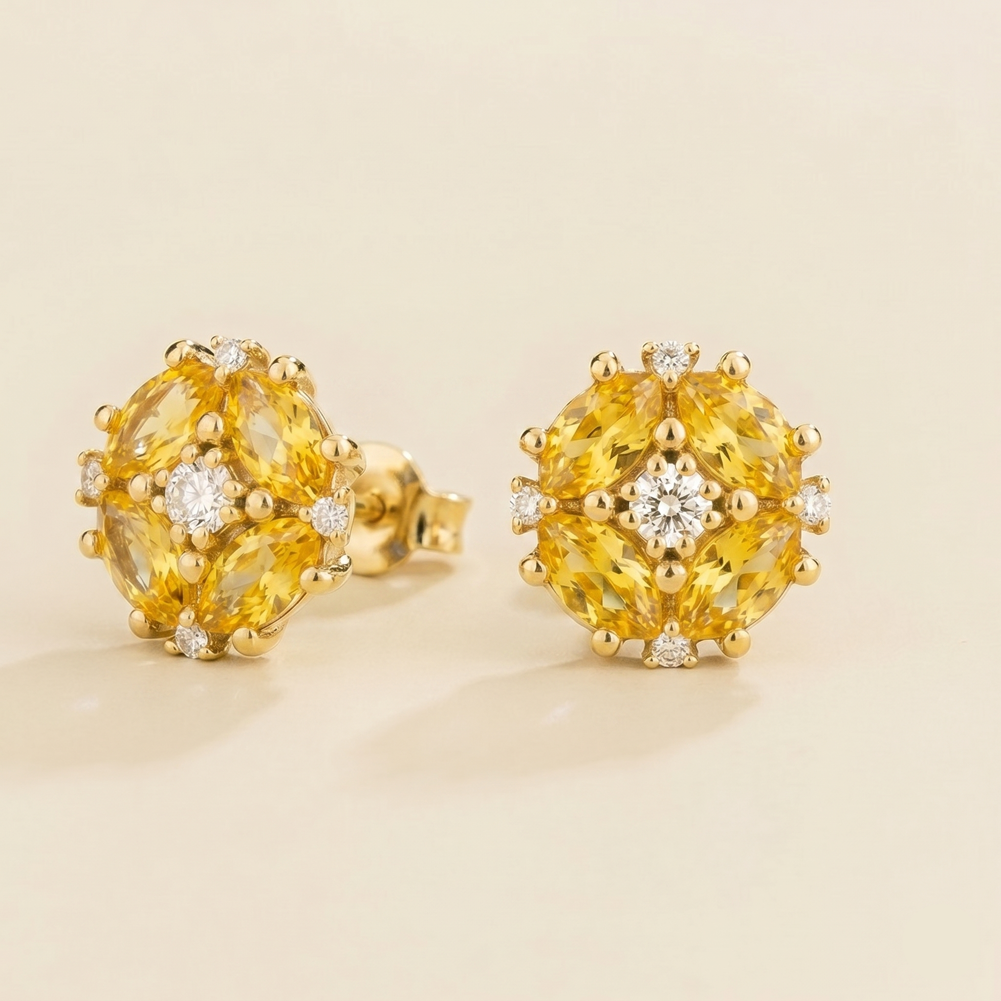 Pristi Oval Yellow Sapphire & Diamond Cluster Earrings in Gold