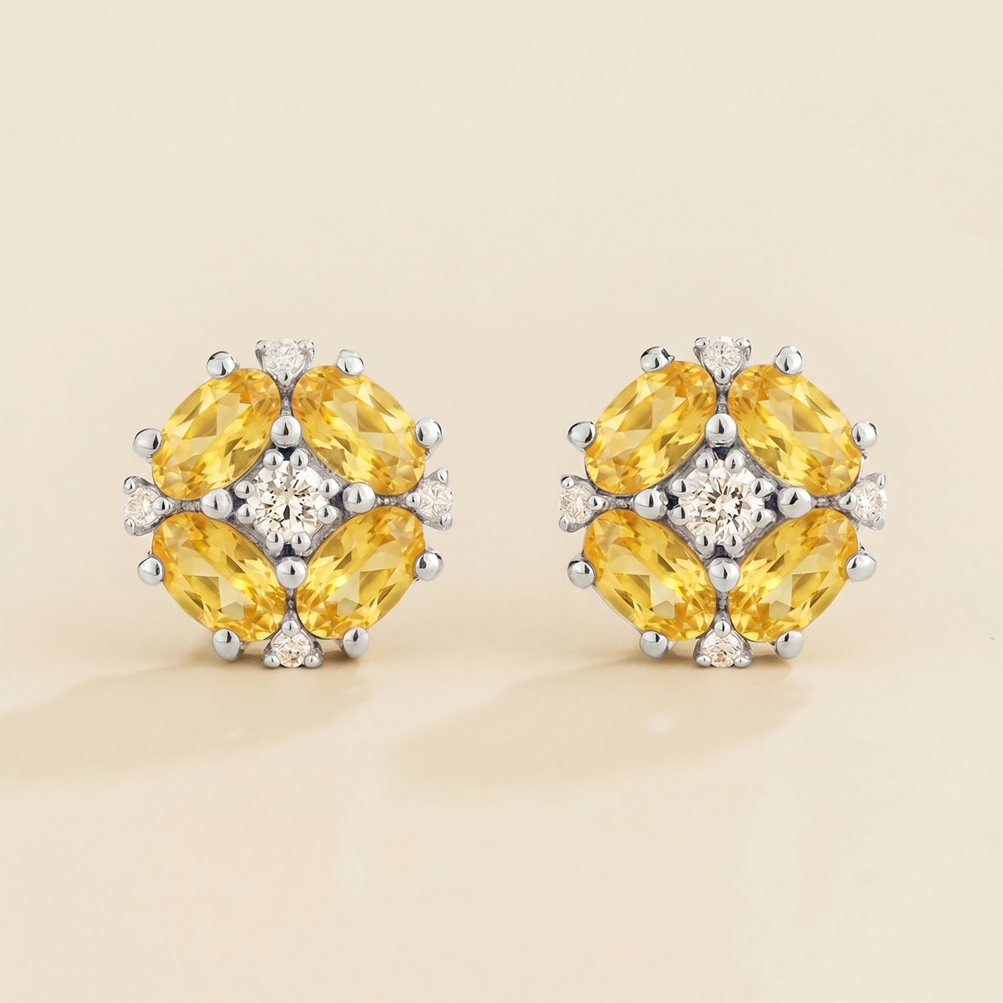 Pristi Oval Yellow Sapphire & Diamond Cluster Earrings in White Gold