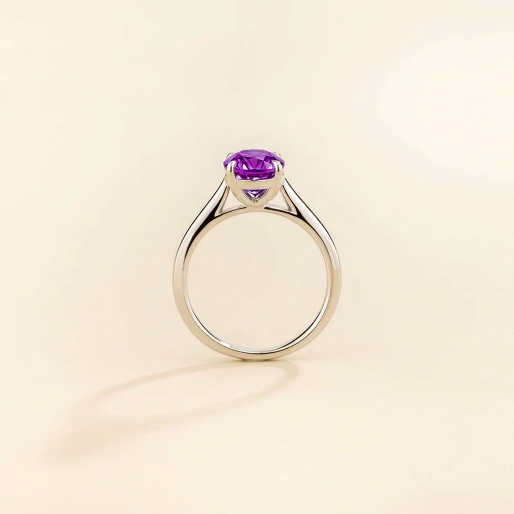 Pear Shape Purple Sapphire Cathedral Solitaire Ring in White Gold