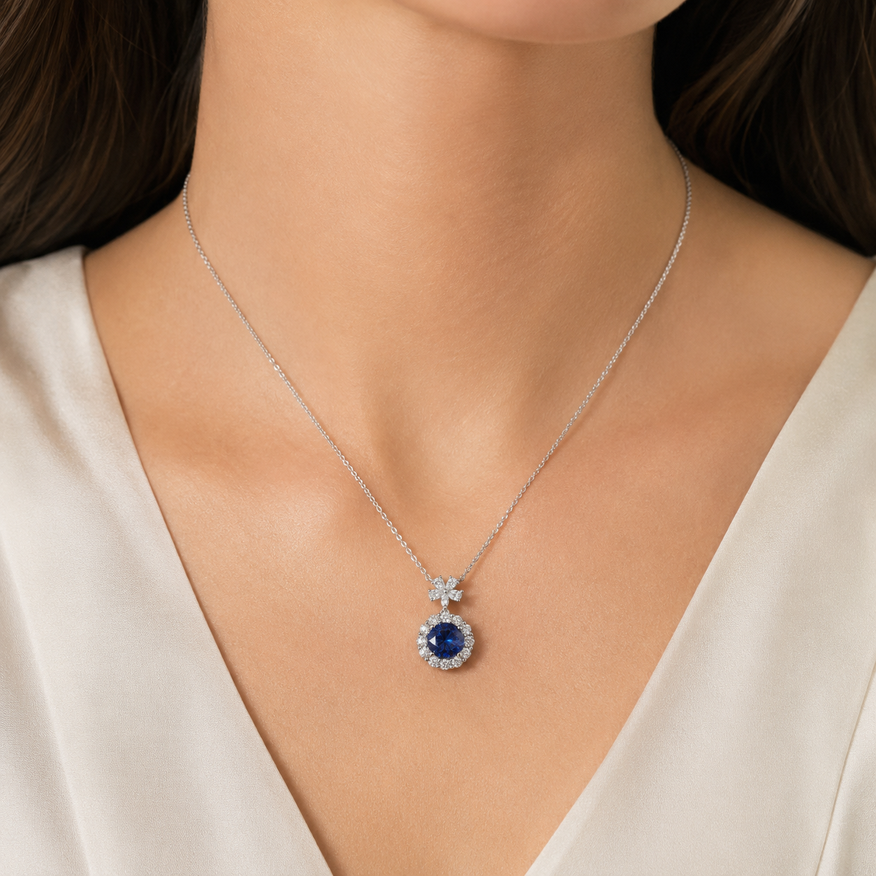 Round Blue Sapphire Halo Pendant Necklace with Flower Bail in White Gold