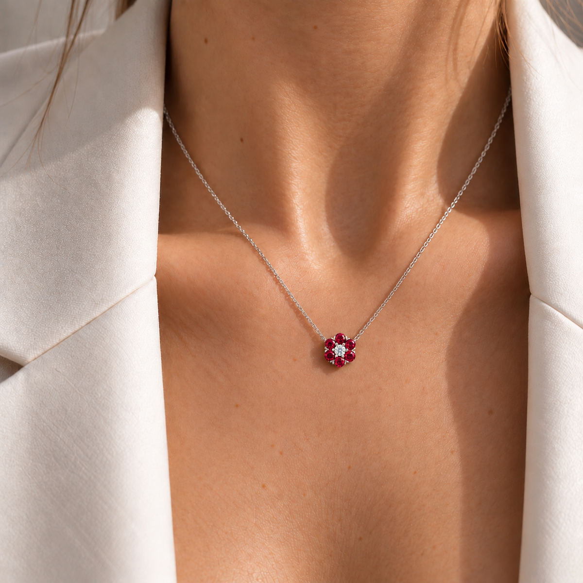 Cinq Ruby & Diamond Flower Pendant Necklace in White Gold