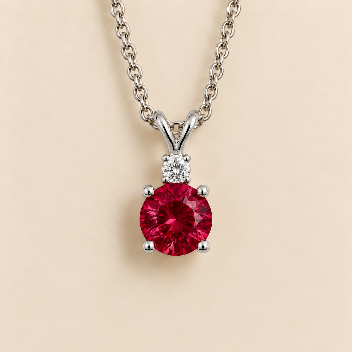 Joie Round Ruby & Diamond Drop Pendant Necklace In White Gold by Juvetti, bespoke jewellery London