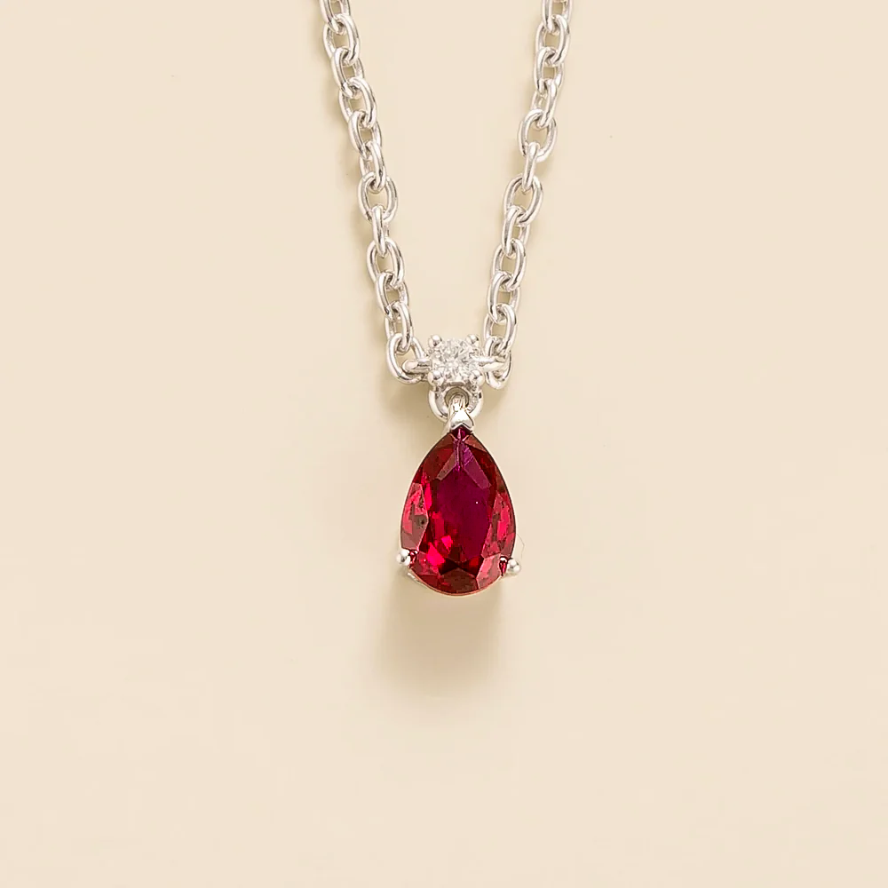 Pisa Ruby & Diamond Pear Drop Pendant Necklace In White Gold - Small