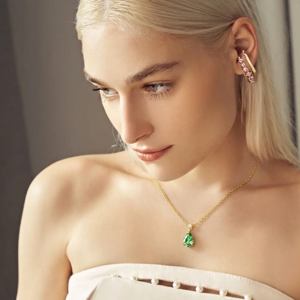 Pisa Green Sapphire & Diamond Pear Drop Pendant Necklace In Gold - Small