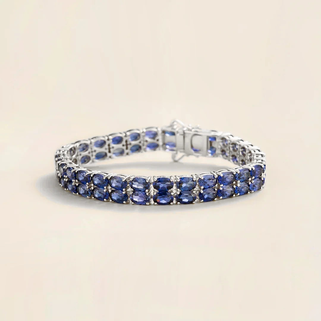 Oval Blue Sapphire Double Row Tennis Bracelet in White Gold