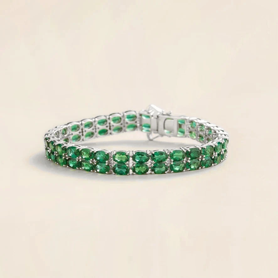 Oval Emerald Double Row Tennis Bracelet in White Gold – side view