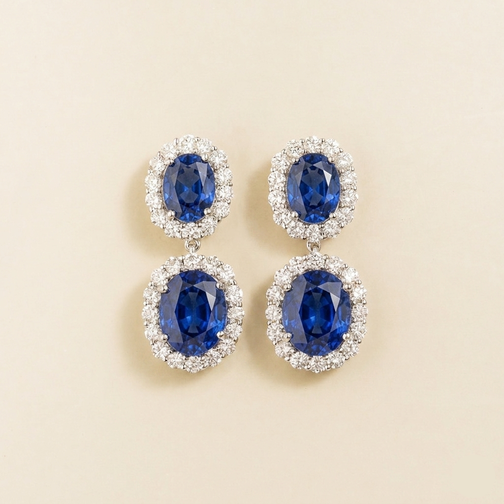 Salve Oval Blue Sapphire & Diamond Halo Drop Earrings in White Gold