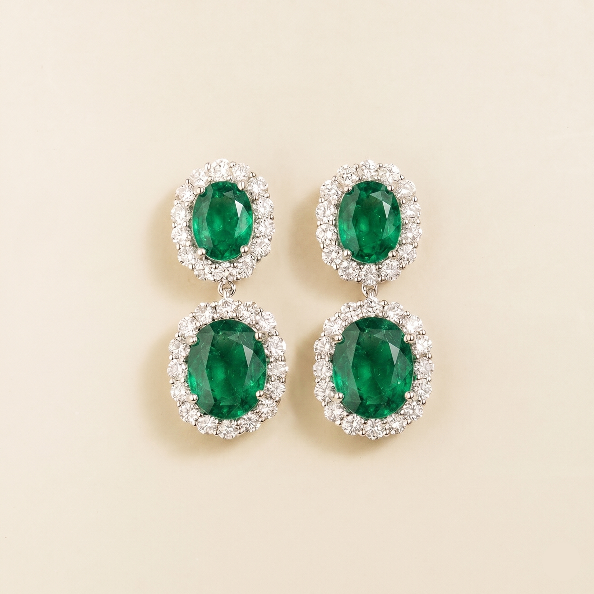 Salve Oval Emerald & Diamond Halo Drop Earrings in White Gold