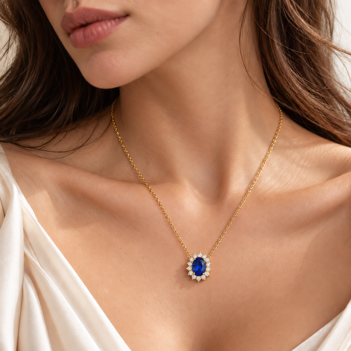 Divo Oval Blue Sapphire & Diamond Halo Gold Necklace