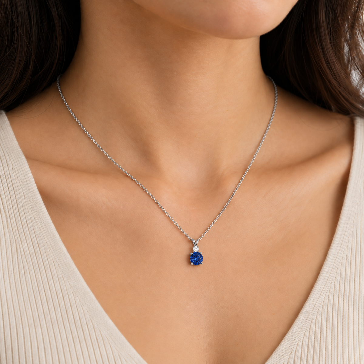 Joie Round Blue Sapphire & Diamond Drop Pendant Necklace in White Gold