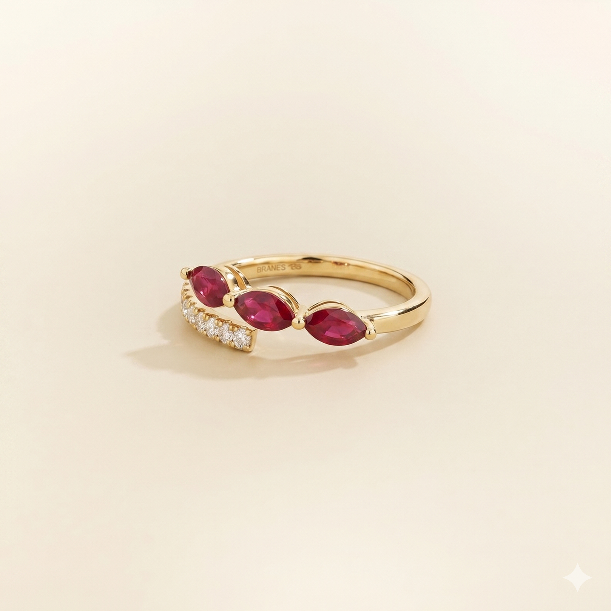 Sava Ruby Three-Stone & Diamond Pavé Ring in Gold