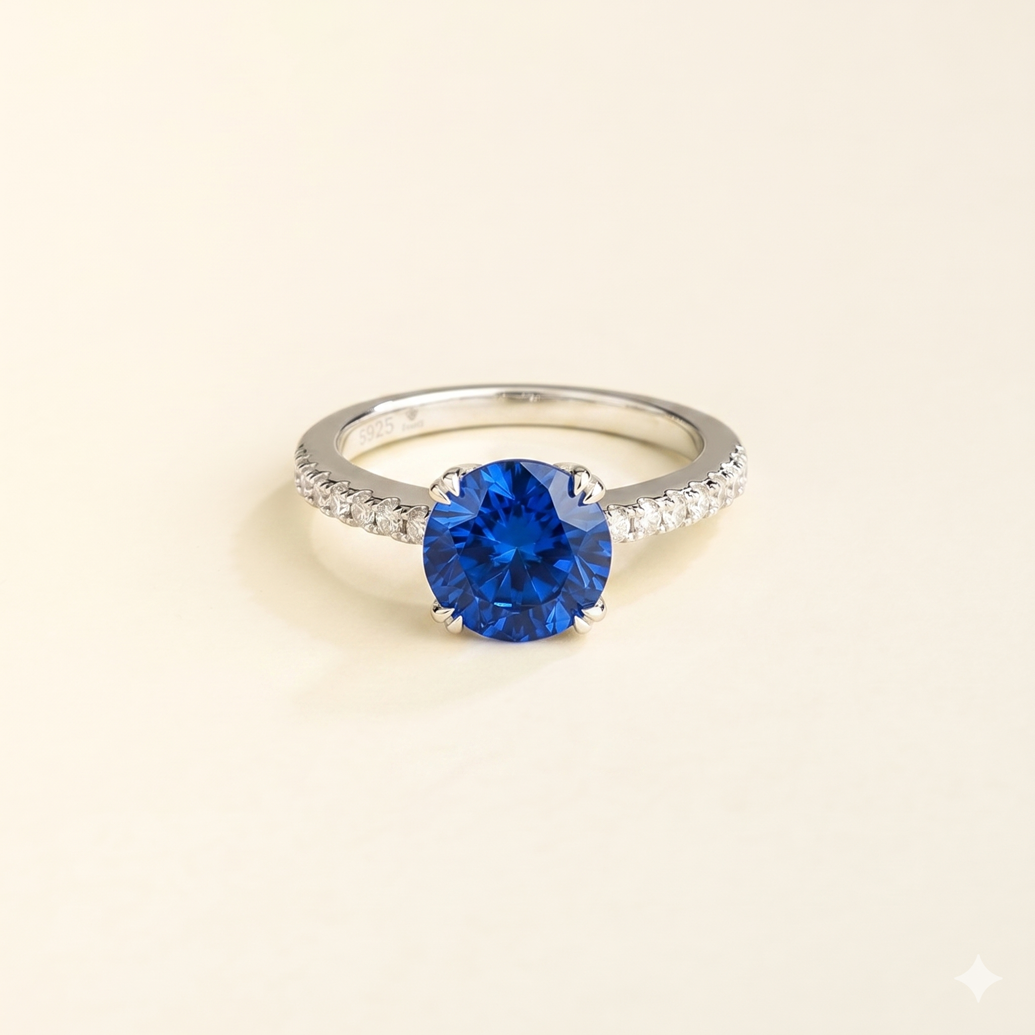 Solen Blue Sapphire Round & Diamond Pavé Ring in White Gold