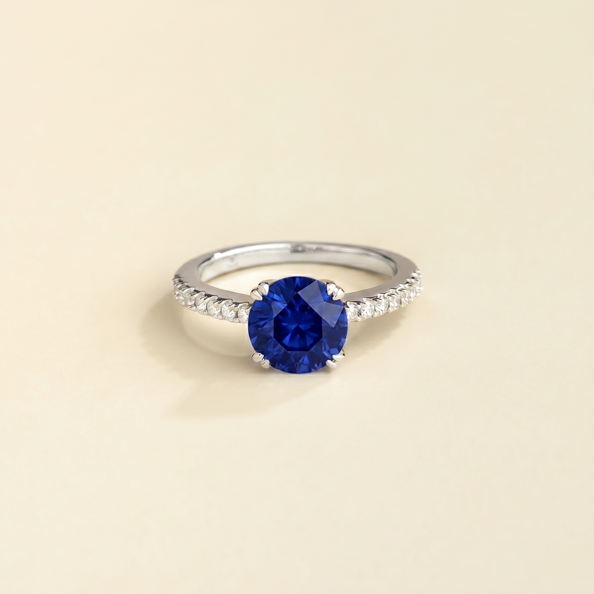 Solen Blue Sapphire Round & Diamond Pavé Ring in White Gold