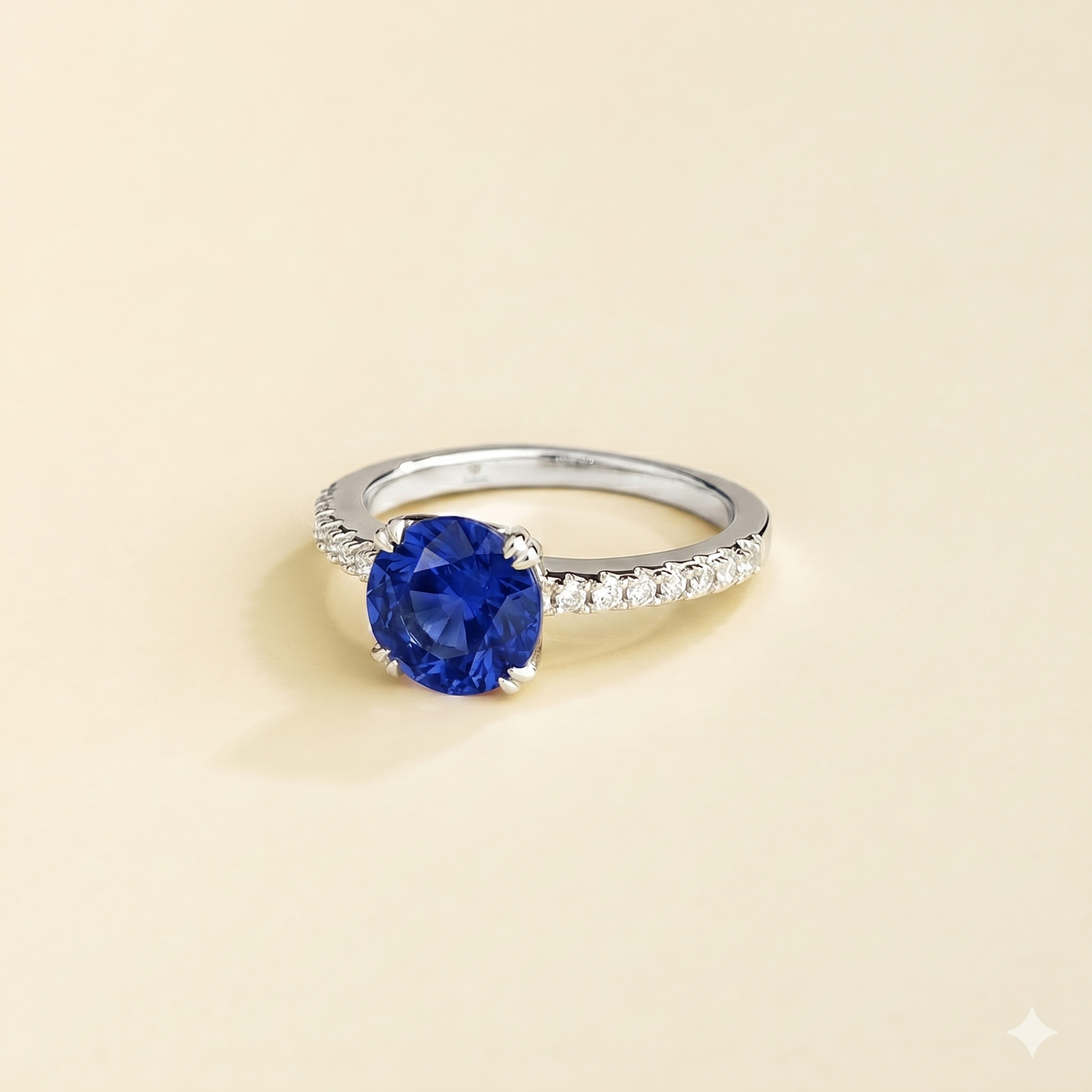 Solen Blue Sapphire Round & Diamond Pavé Ring in White Gold