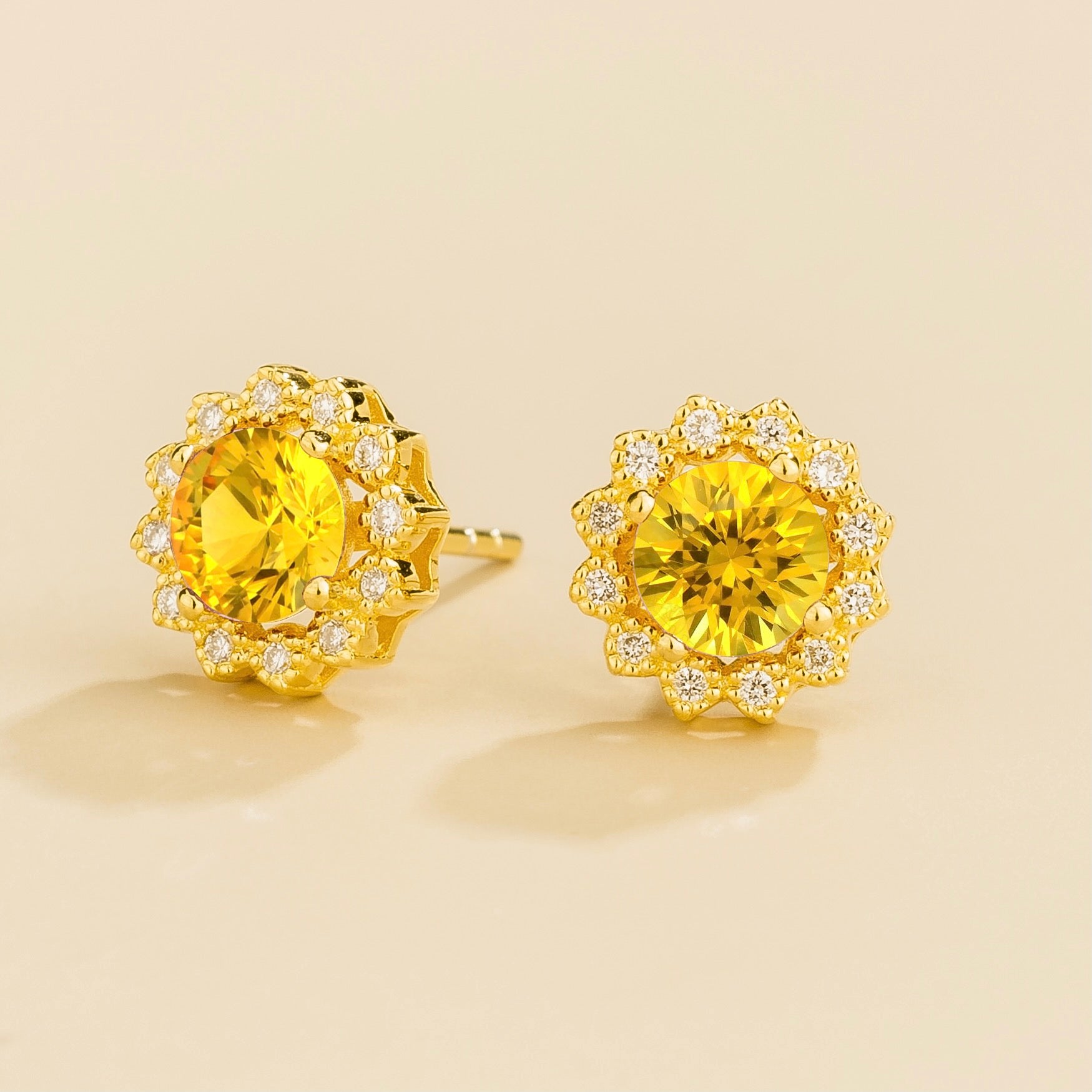 Elegant Gold Earrings Featuring Round Yellow Sapphire & Diamond Halo – Sustainable Luxury