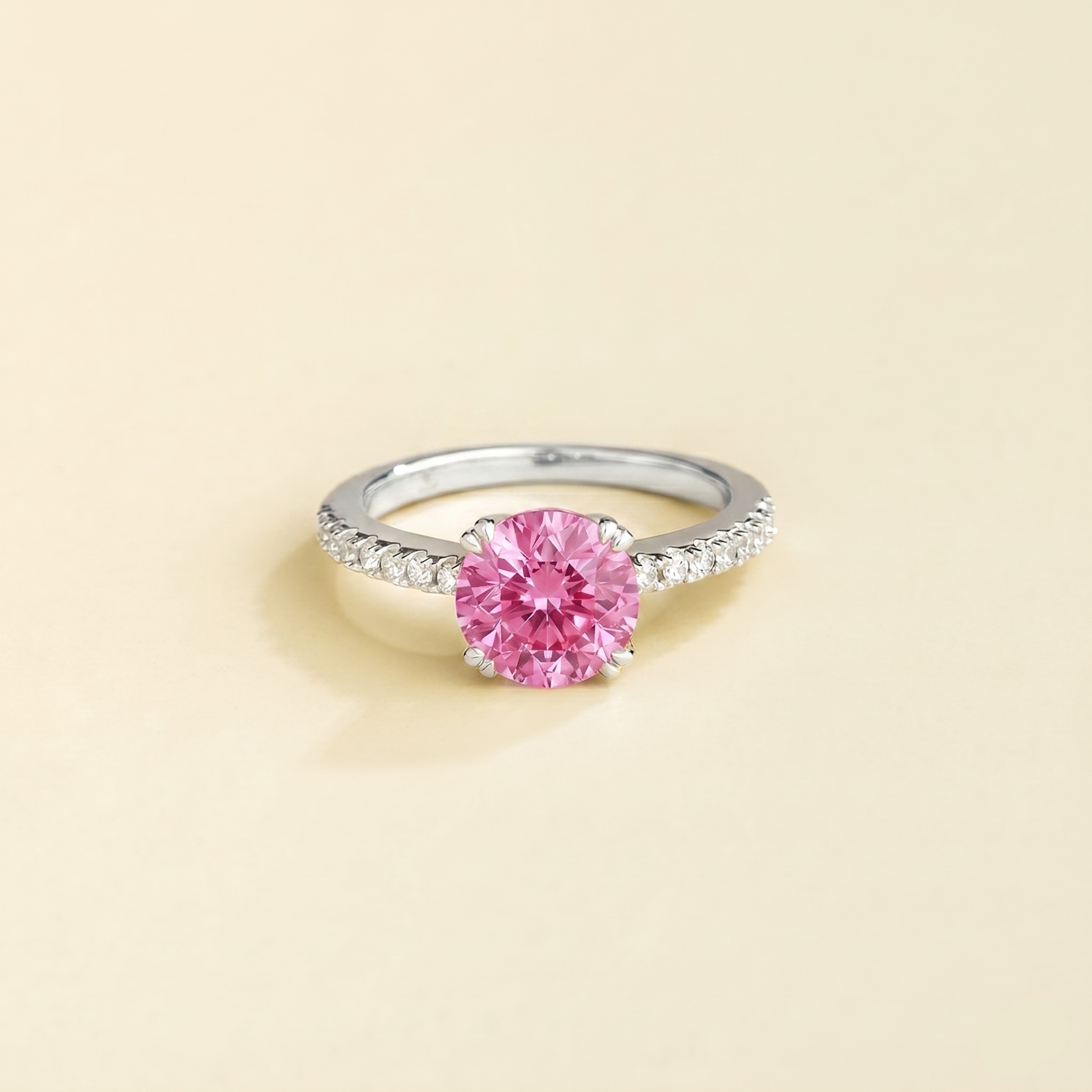 Solen Pink Sapphire Round & Diamond Pavé Ring in White Gold