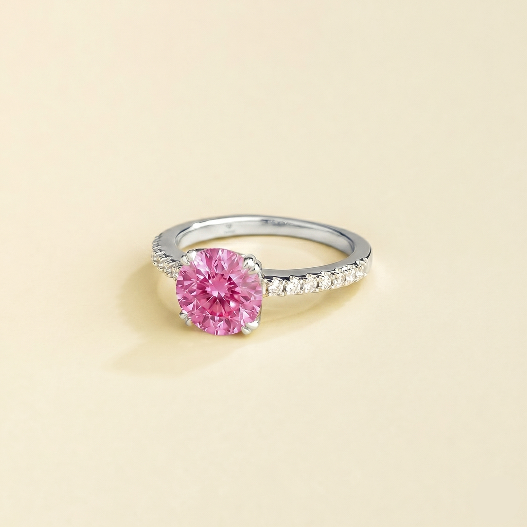 Solen Pink Sapphire Round & Diamond Pavé Ring in White Gold