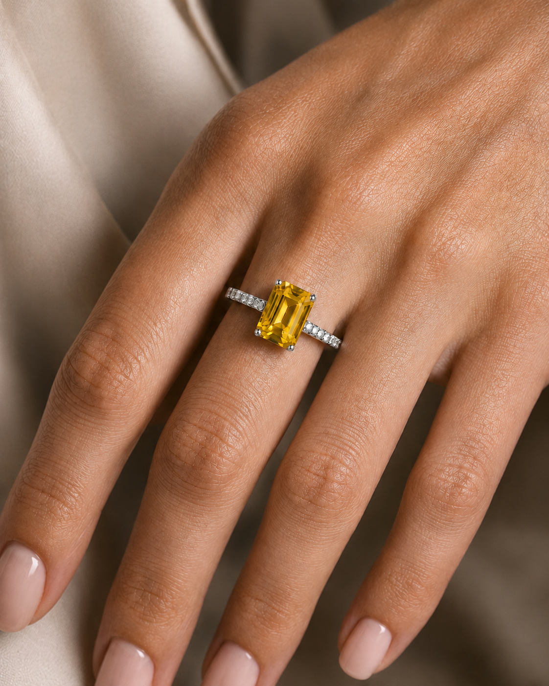 Soli Yellow Sapphire Emerald-Cut Pavé Ring in White Gold