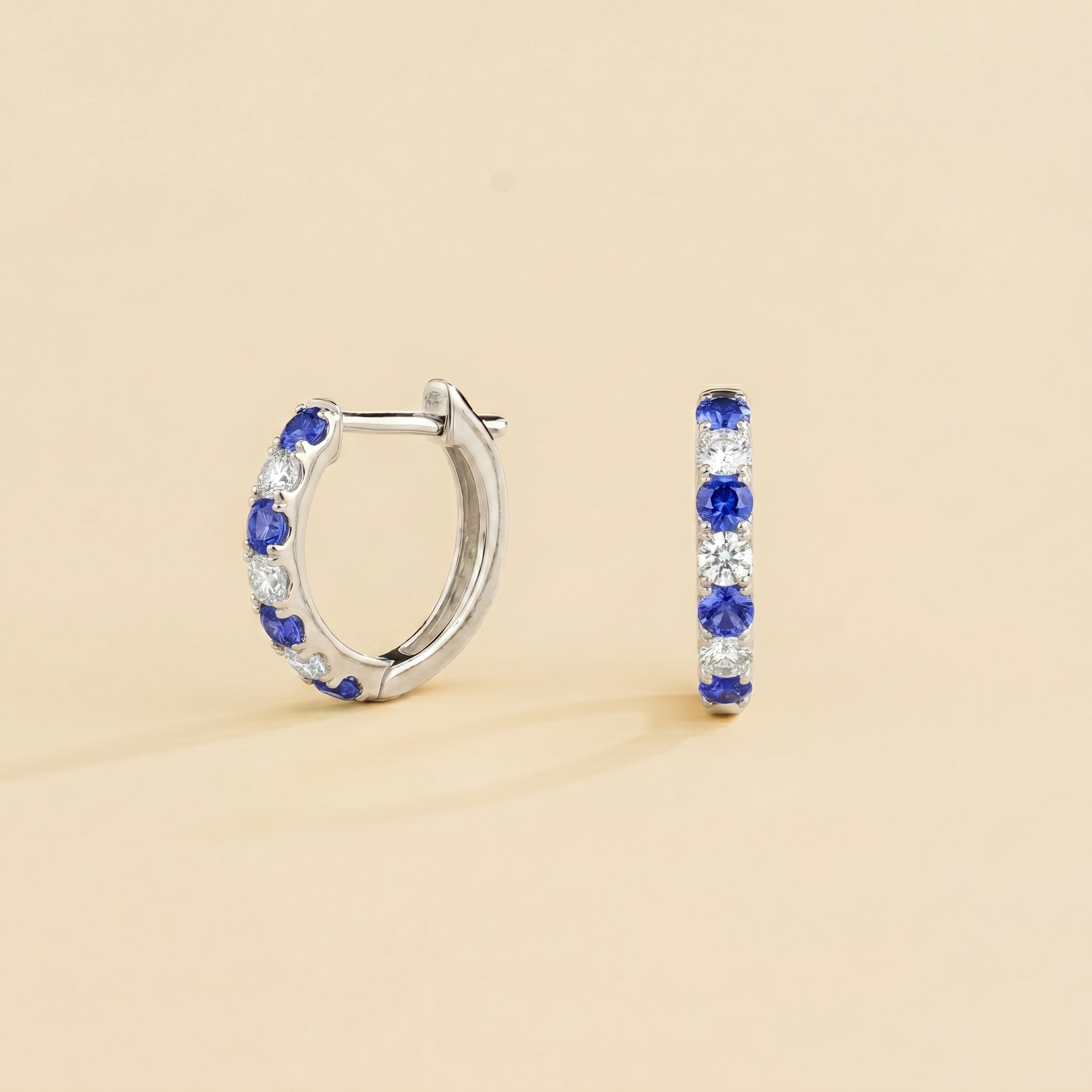 Stacy Blue Sapphire & Diamond Huggie Hoop Earrings in White Gold