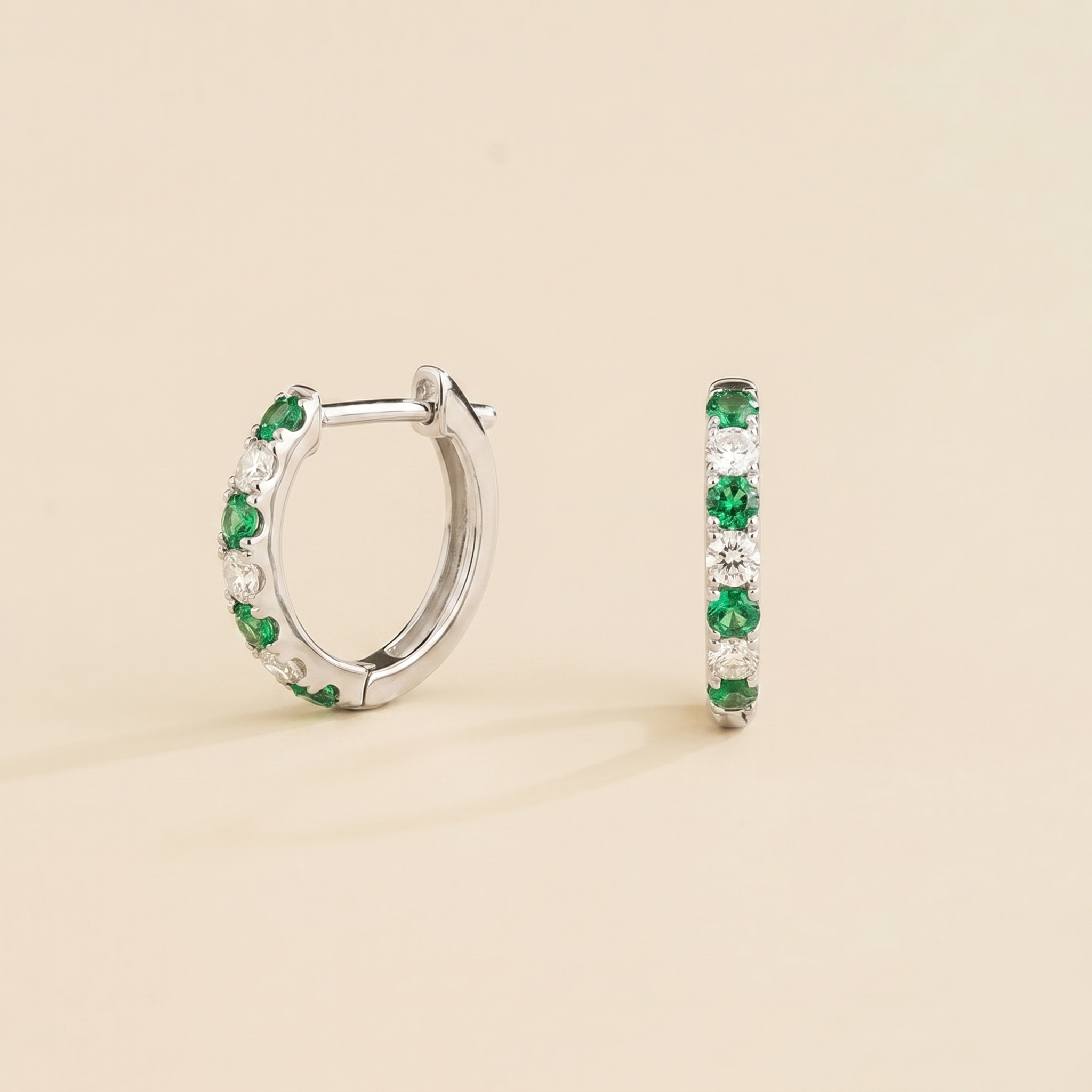 Stacy Emerald & Diamond Huggie Hoop Earrings in White Gold | Juvetti
