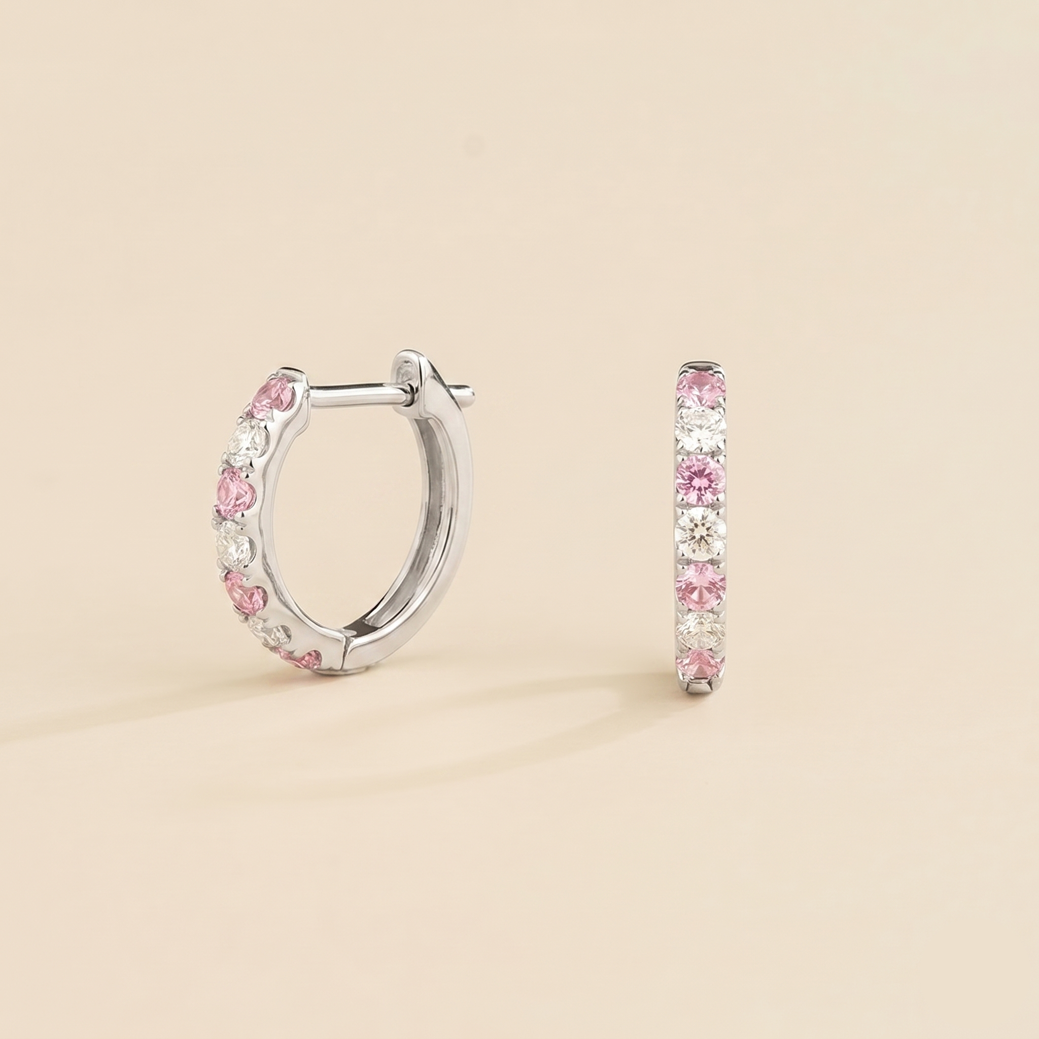 Stacy Pastel Pink Sapphire & Diamond Huggie Hoop Earrings in White Gold