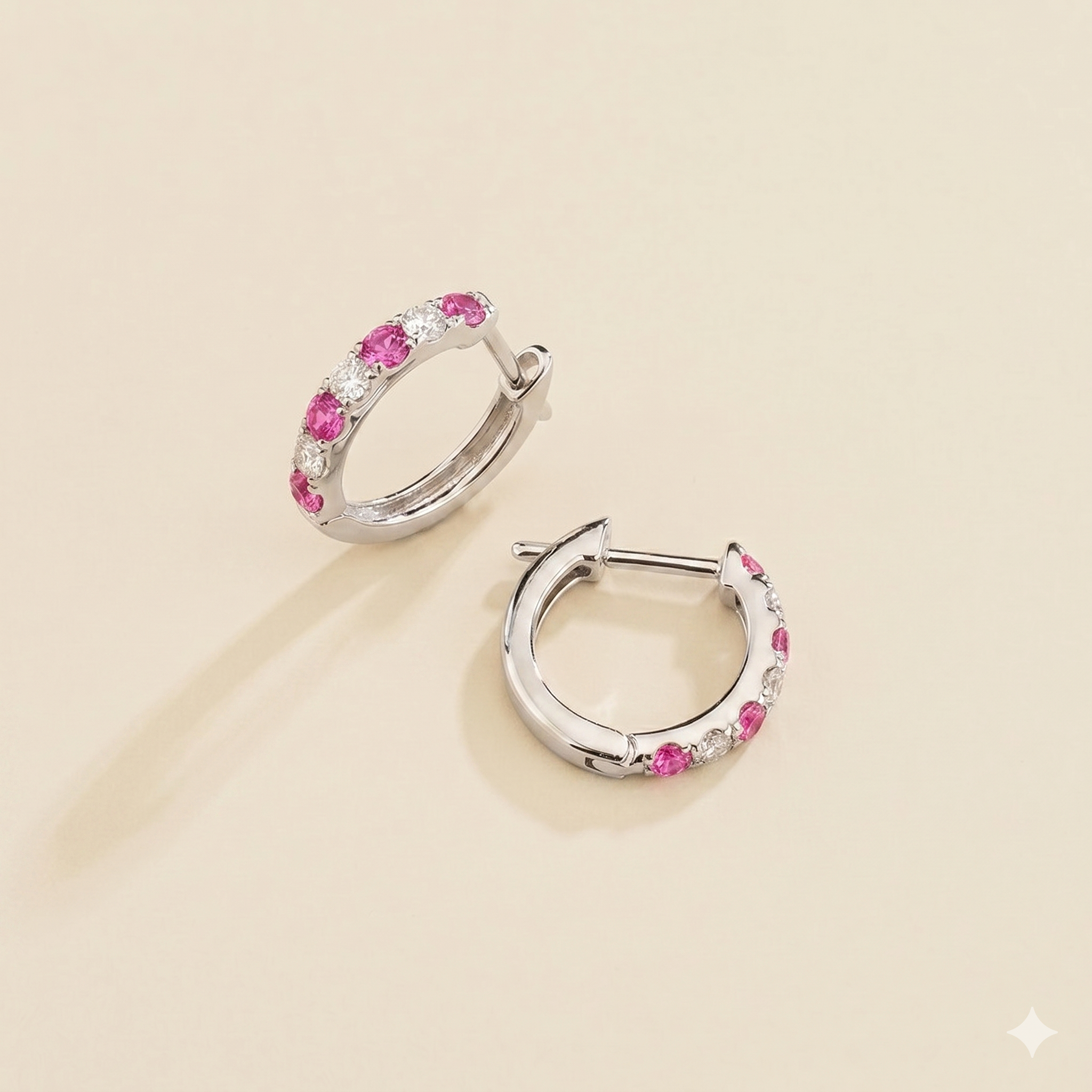 Stacy Vivid Pink Sapphire & Diamond Huggie Hoop Earrings in White Gold