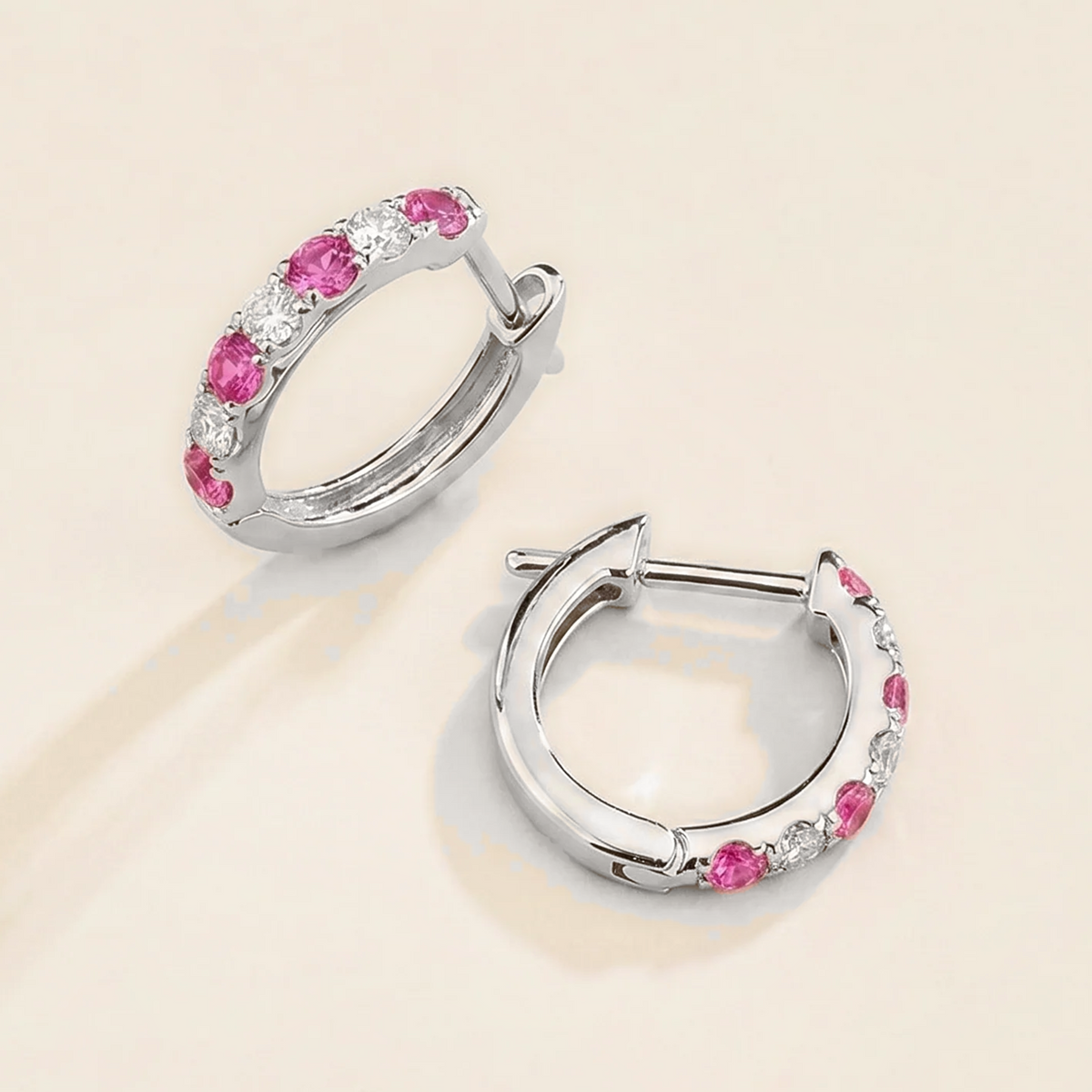 Stacy Vivid Pink Sapphire & Diamond Huggie Hoop Earrings in White Gold