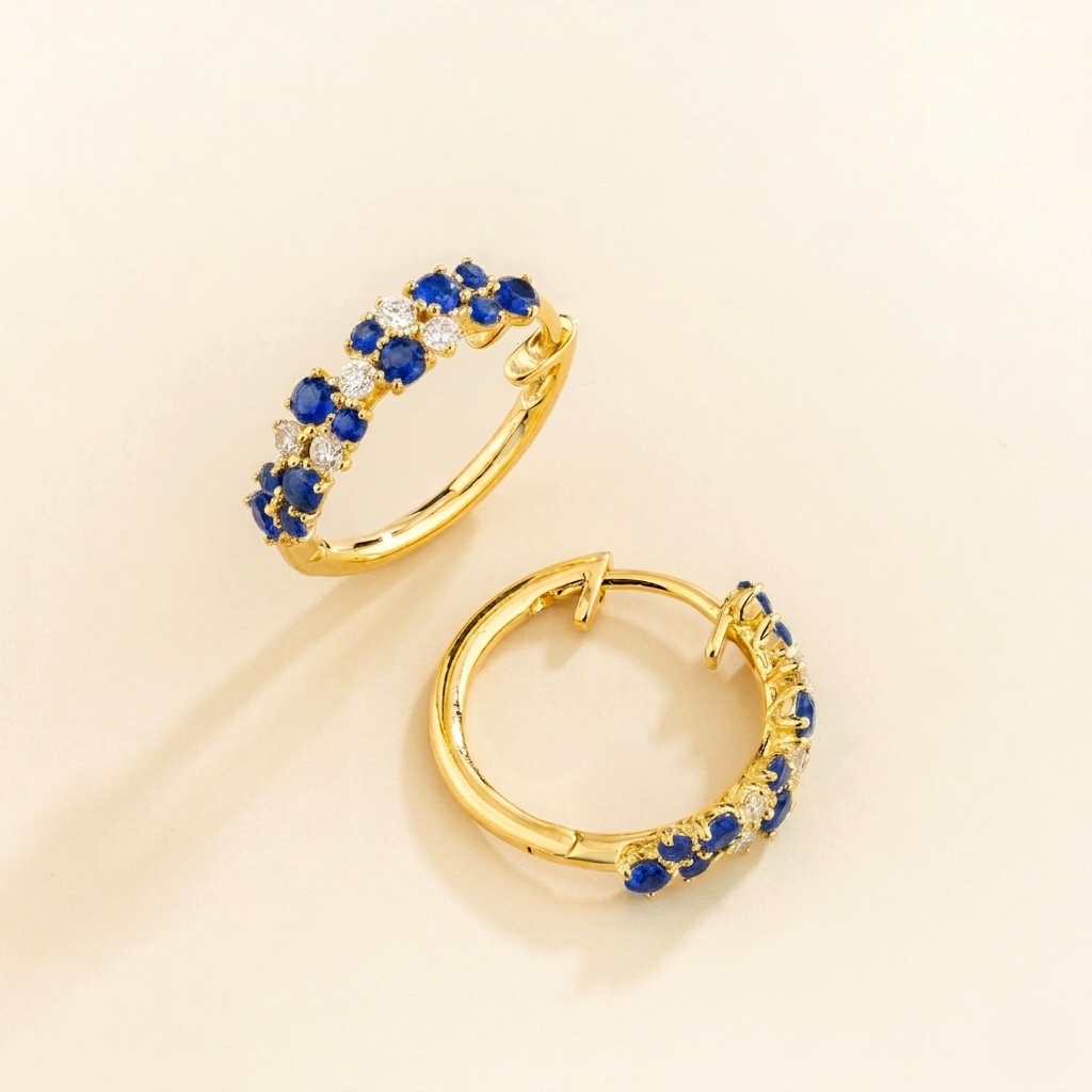 Starry Blue Sapphire & Diamond Cluster Huggie Hoop Earrings in Gold