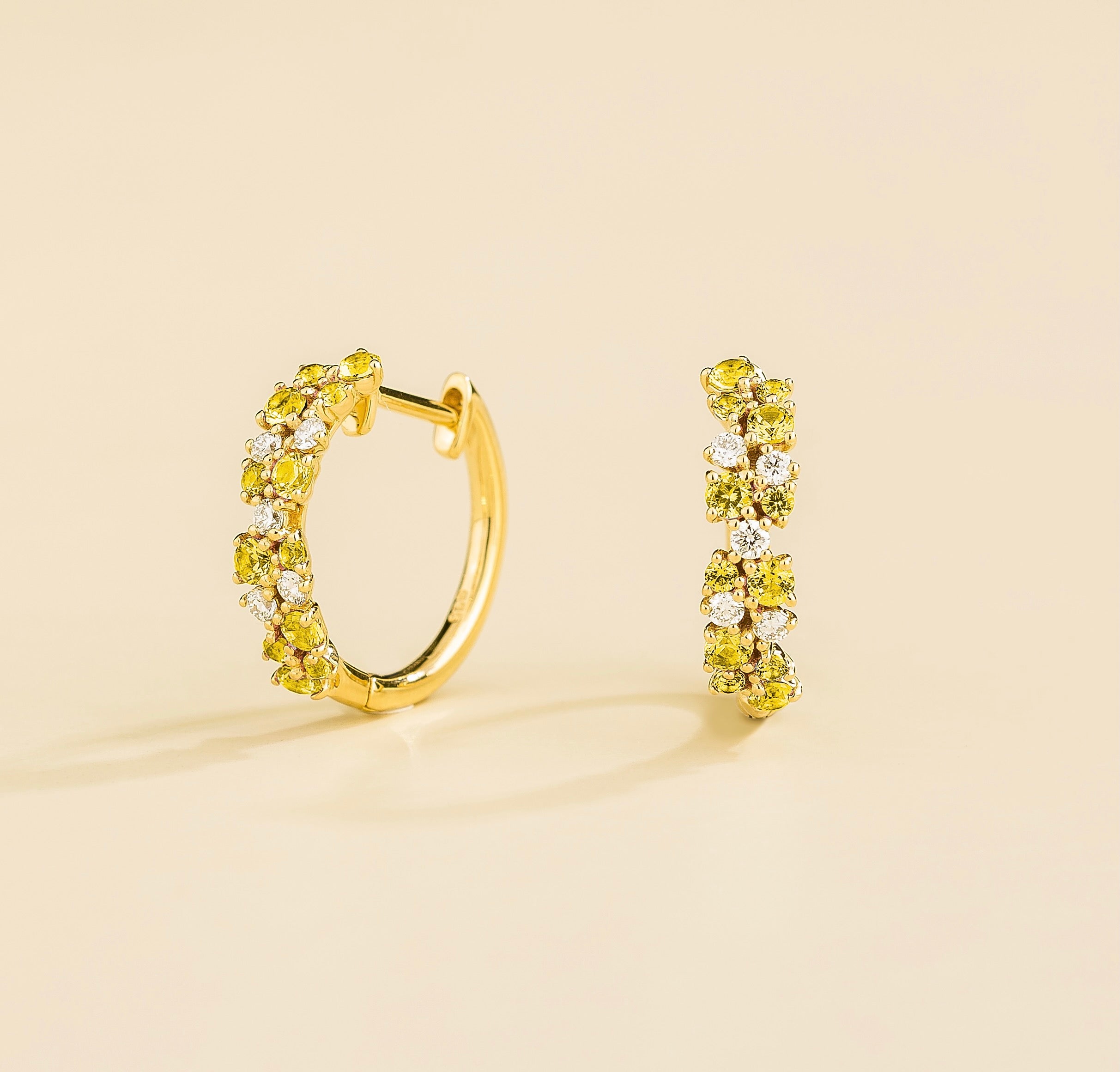Elegant Gold Huggie Earrings Featuring Cluster Yellow Sapphire & Diamond – Sustainable Luxury