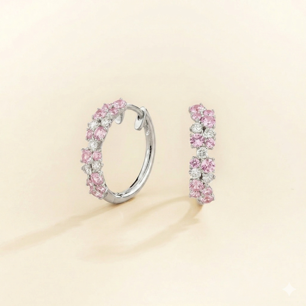 Starry Pastel Pink Sapphire & Diamond Cluster Huggie Hoop Earrings in White Gold