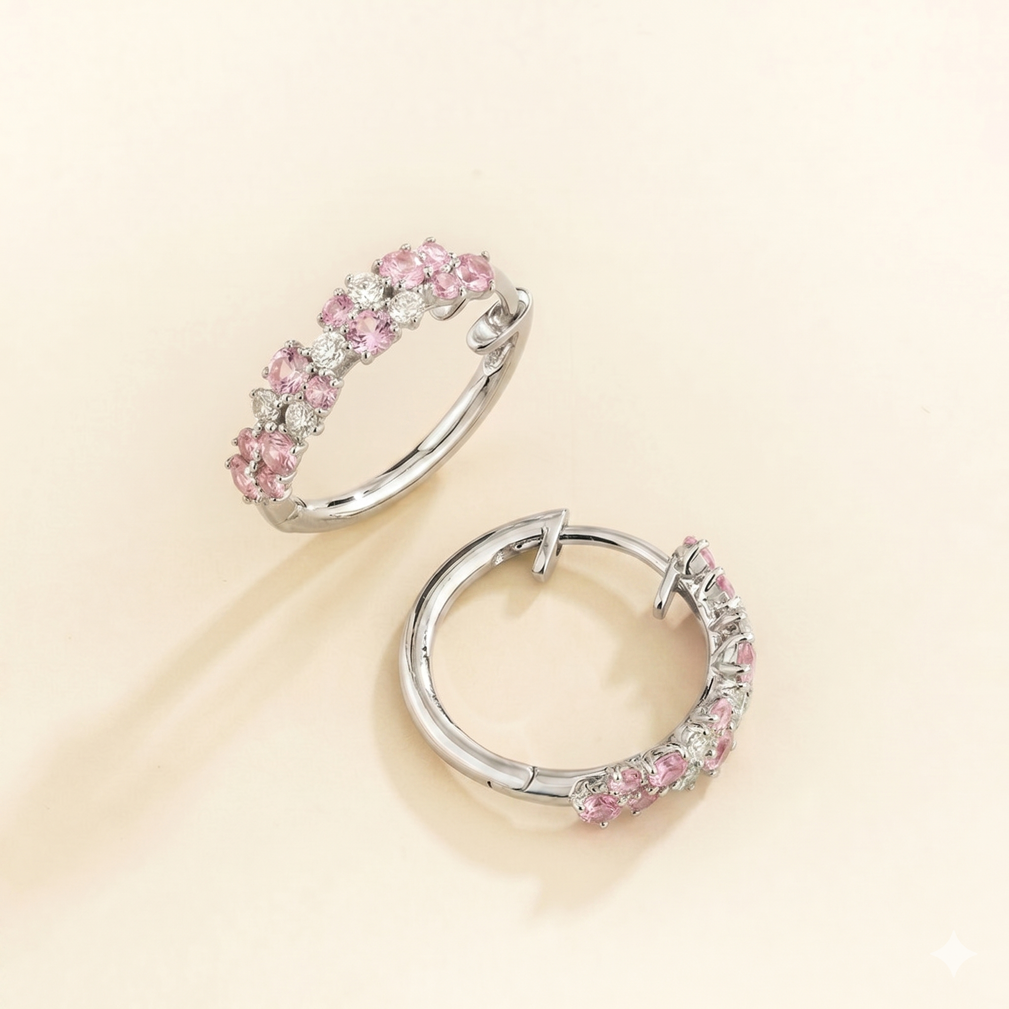 Starry Pink Sapphire & Diamond Cluster Huggie Hoop Earrings in White Gold