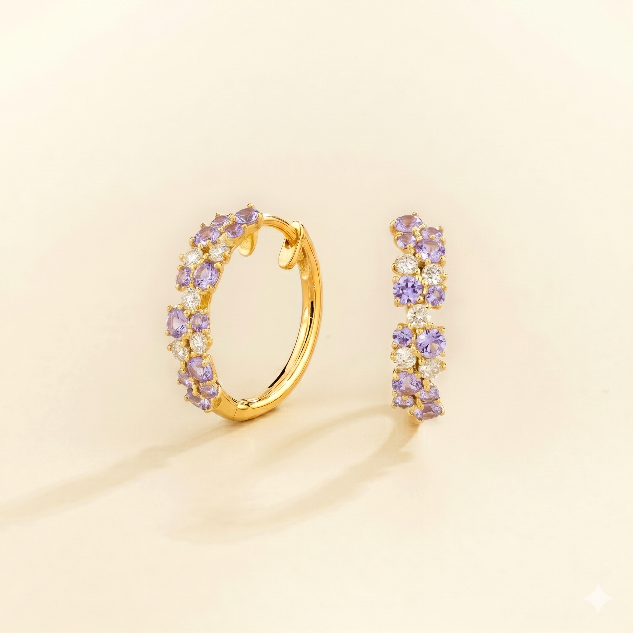 Starry Purple Sapphire & Diamond Cluster Huggie Hoop Earrings in Gold