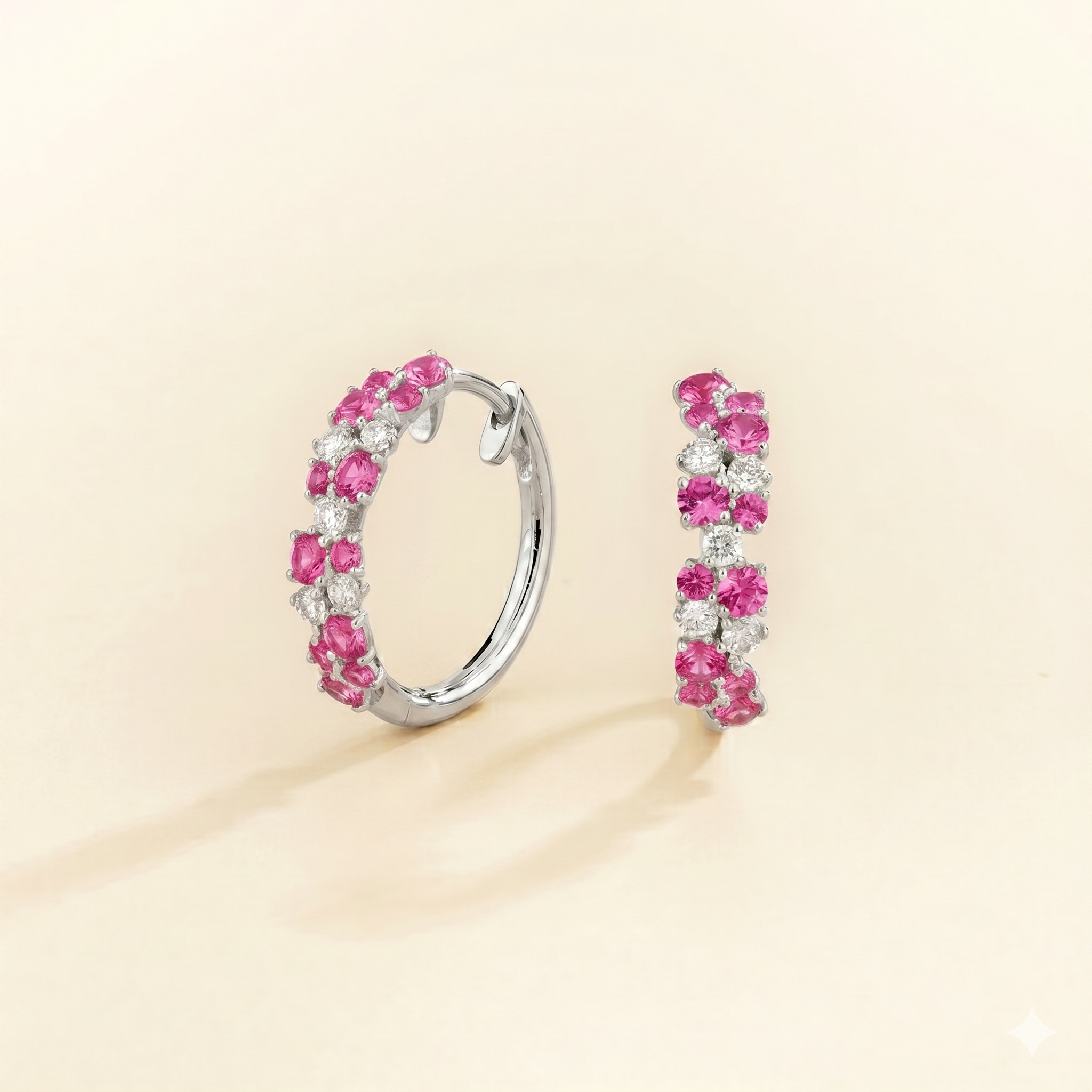 Starry Vivid Hot Pink Sapphire & Diamond Cluster Huggie Hoop Earrings in White Gold