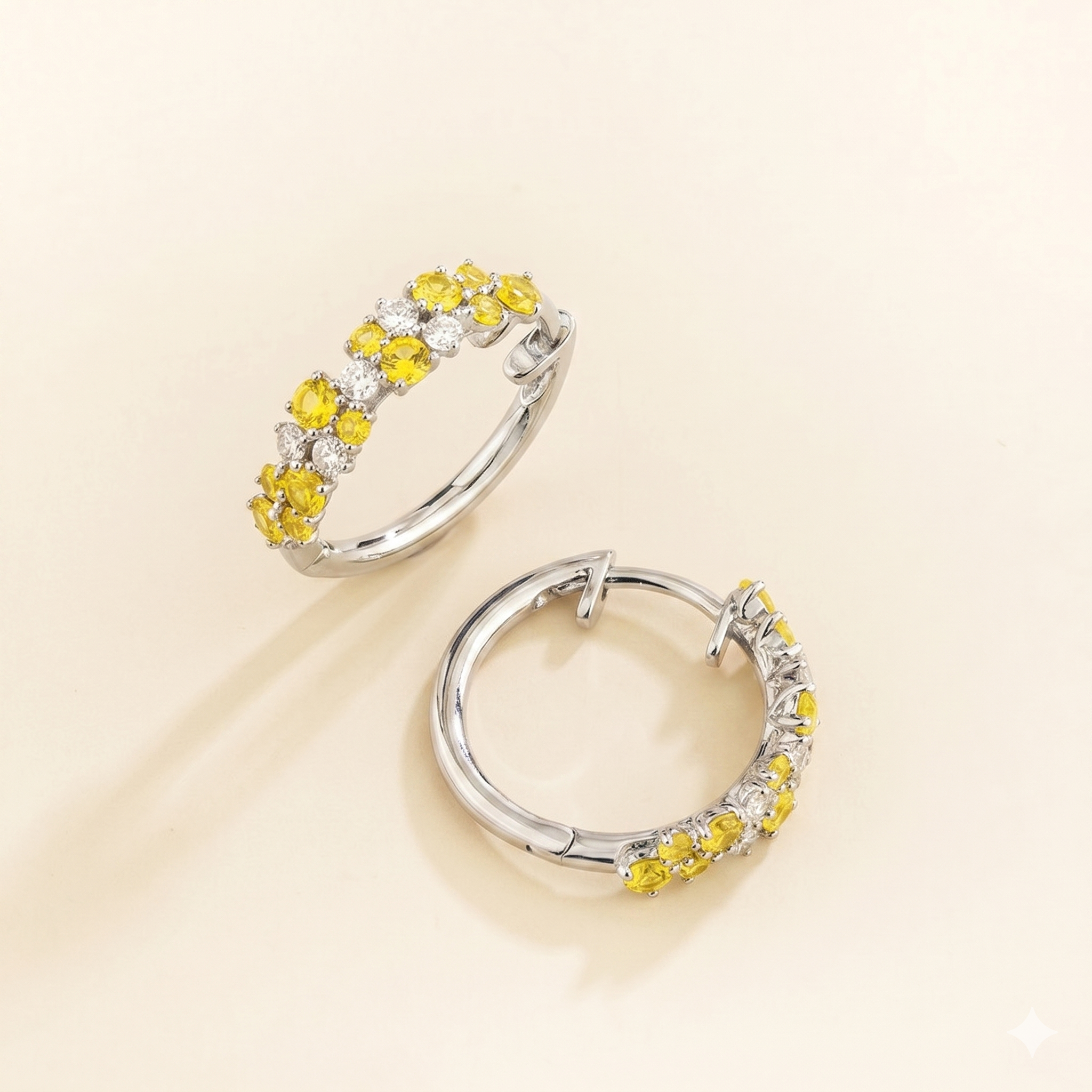 Starry Yellow Sapphire & Diamond Cluster Huggie Hoop Earrings in White Gold