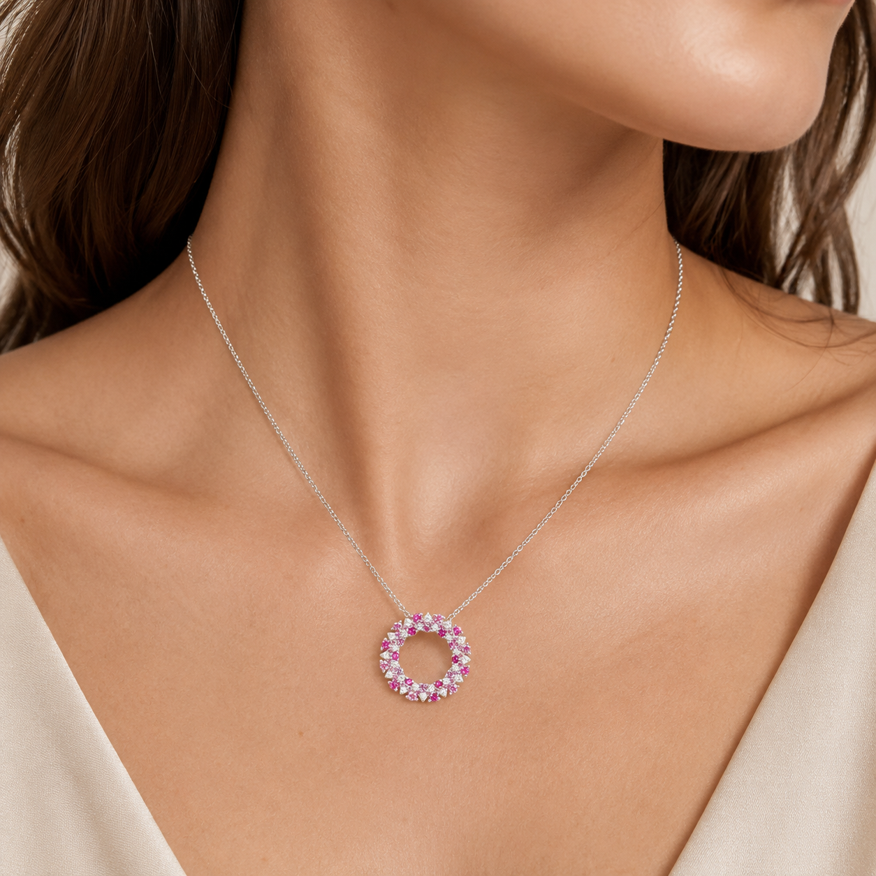 Starry Pink Sapphire & Diamond Eternity Circle Pendant Necklace In White Gold