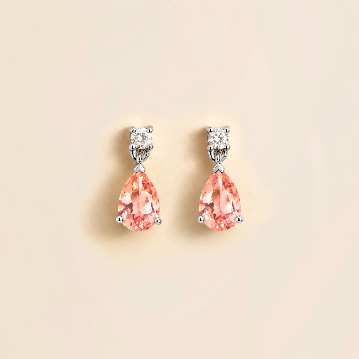 Pisa Padparadscha Sapphire & Diamond Pear Drop Earrings in White Gold