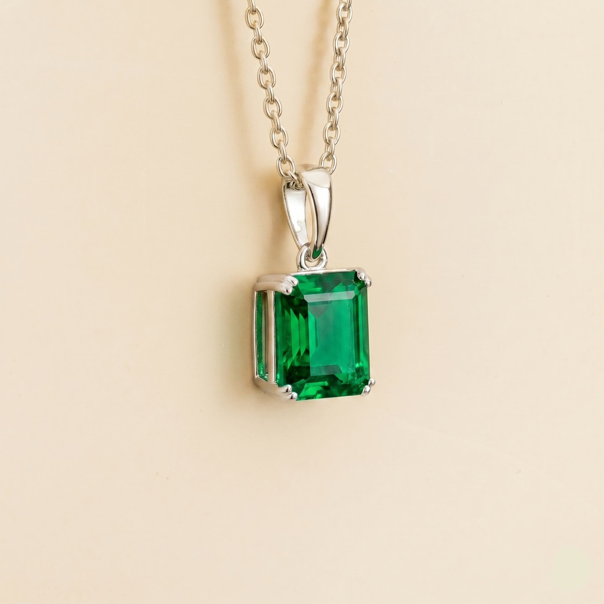 Thamani Emerald Emerald-Cut Solitaire Pendant Necklace in White Gold