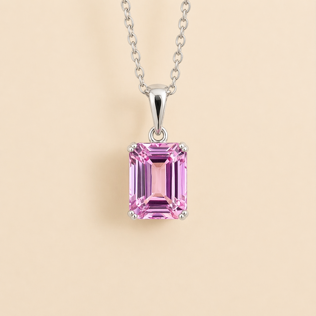 Thamani Pink Sapphire Emerald-Cut Solitaire Pendant Necklace in White Gold