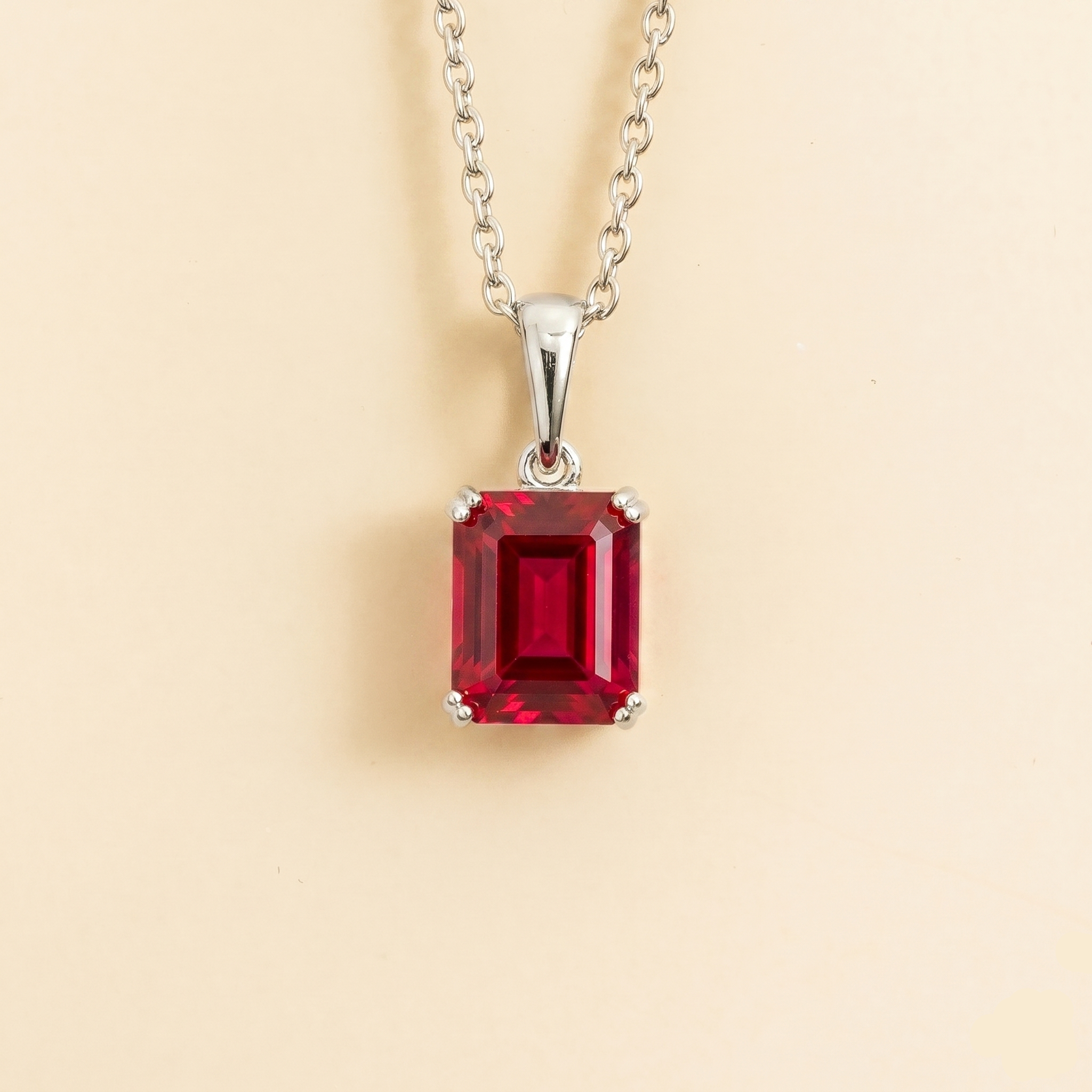 Thamani Ruby Emerald-Cut Solitaire Pendant Necklace in White Gold