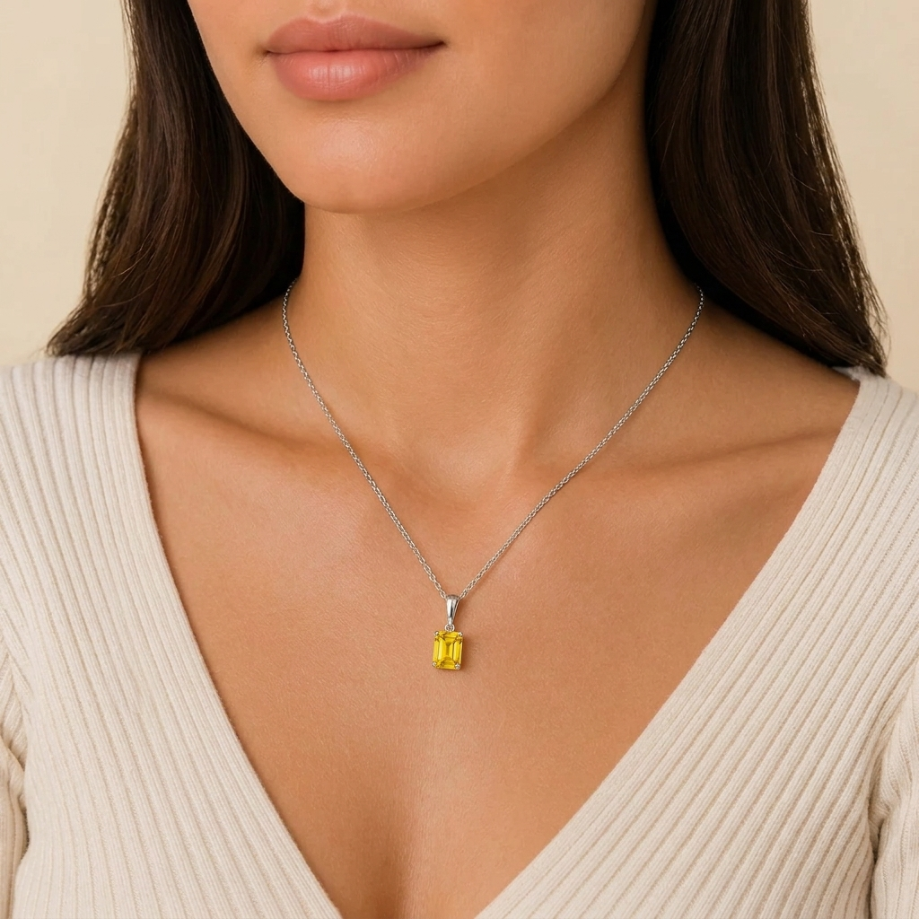 Emerald-cut Yellow Sapphire Pendant Necklace in White Gold – front view