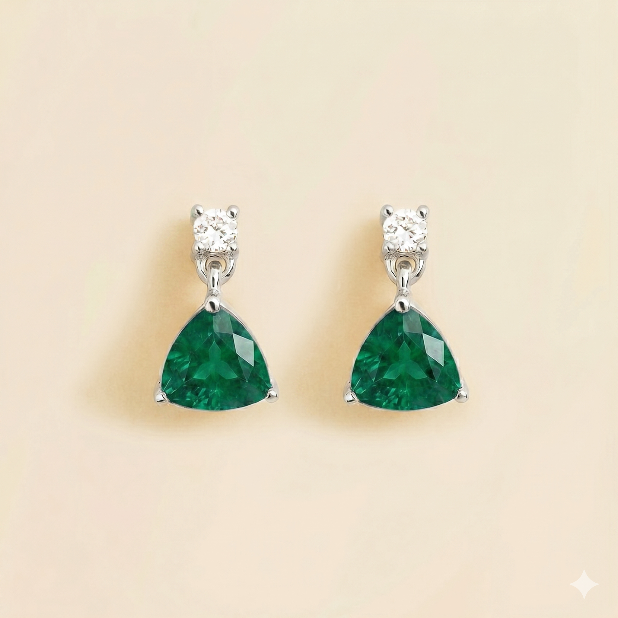 Trillion Emerald & Diamond Drop Earrings in White Gold