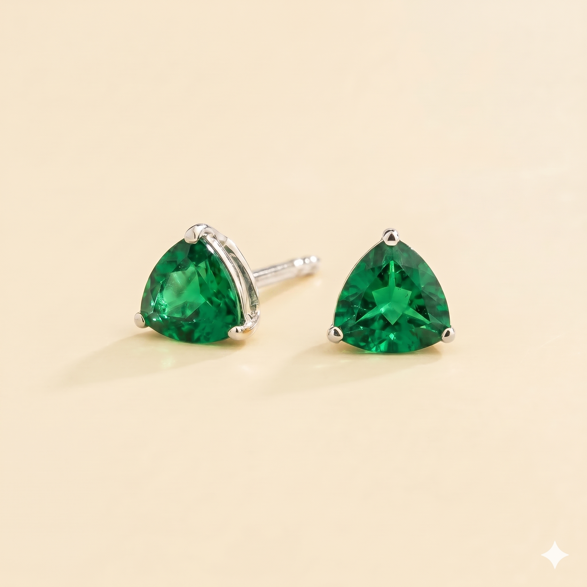 Trillion Emerald Solitaire Stud Earrings in White Gold