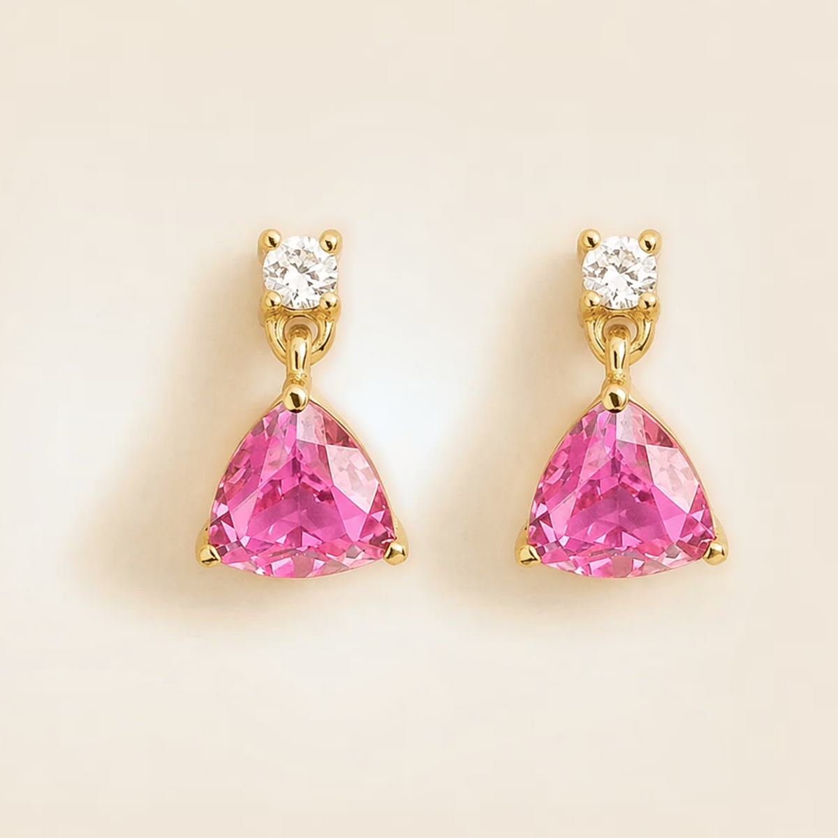 Trillion-cut lab-grown pink sapphire and diamond drop earrings in gold | Juvetti London