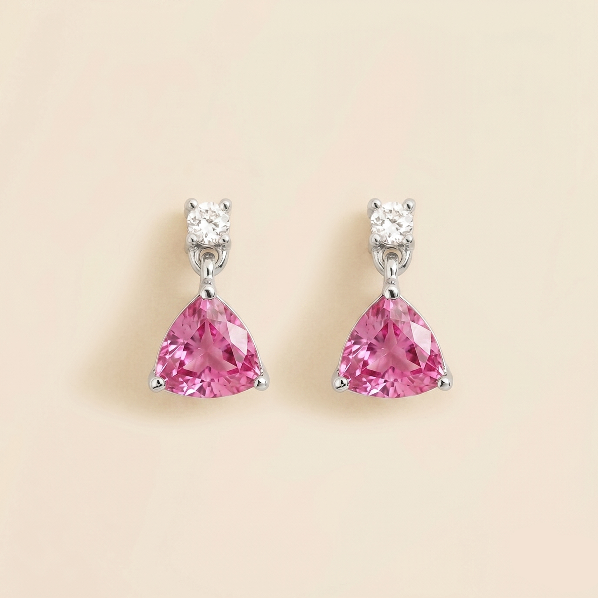 Trillion-cut lab-grown pink sapphire and diamond drop earrings in white gold | Juvetti London