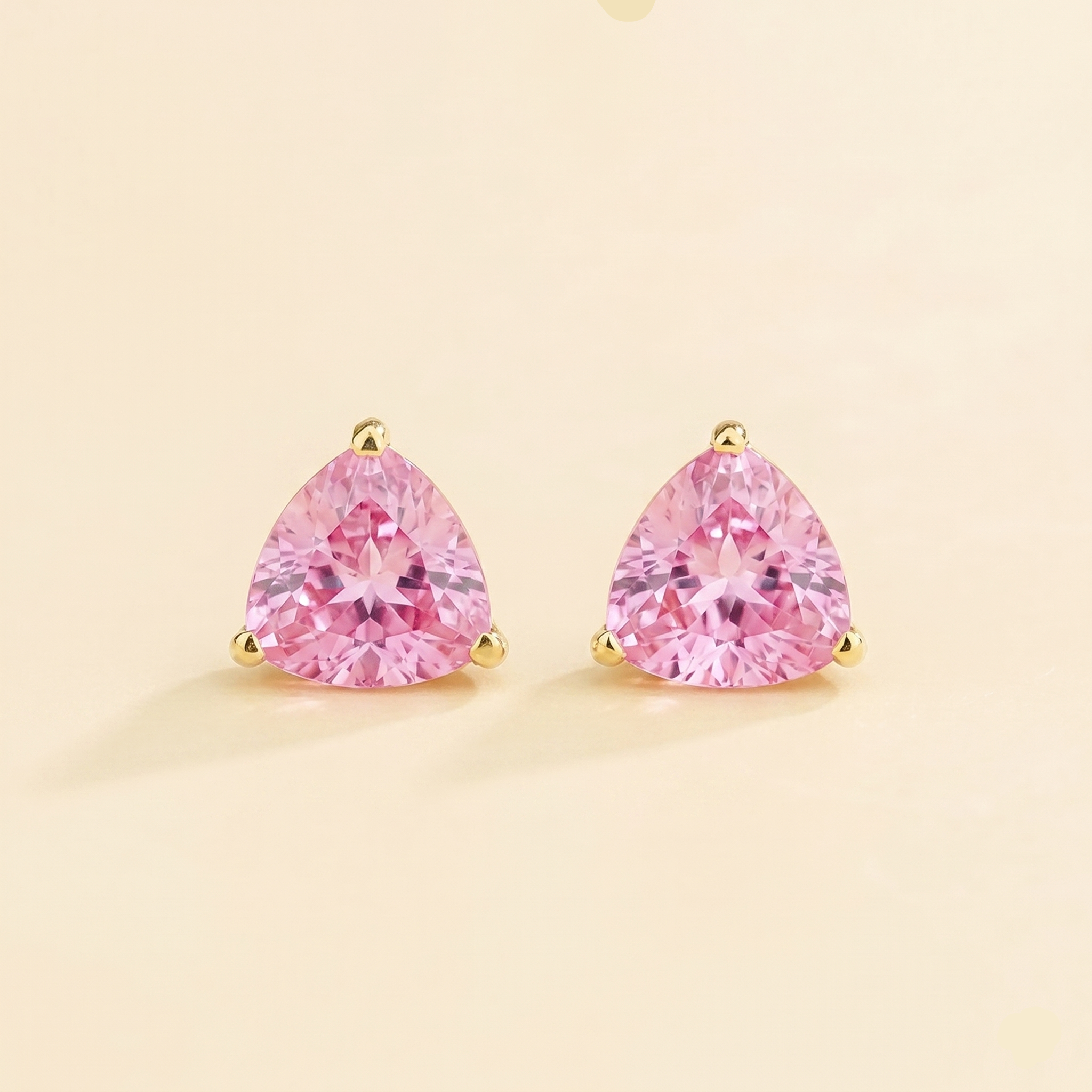 Trillion Pink Sapphire Solitaire Stud Earrings in Gold