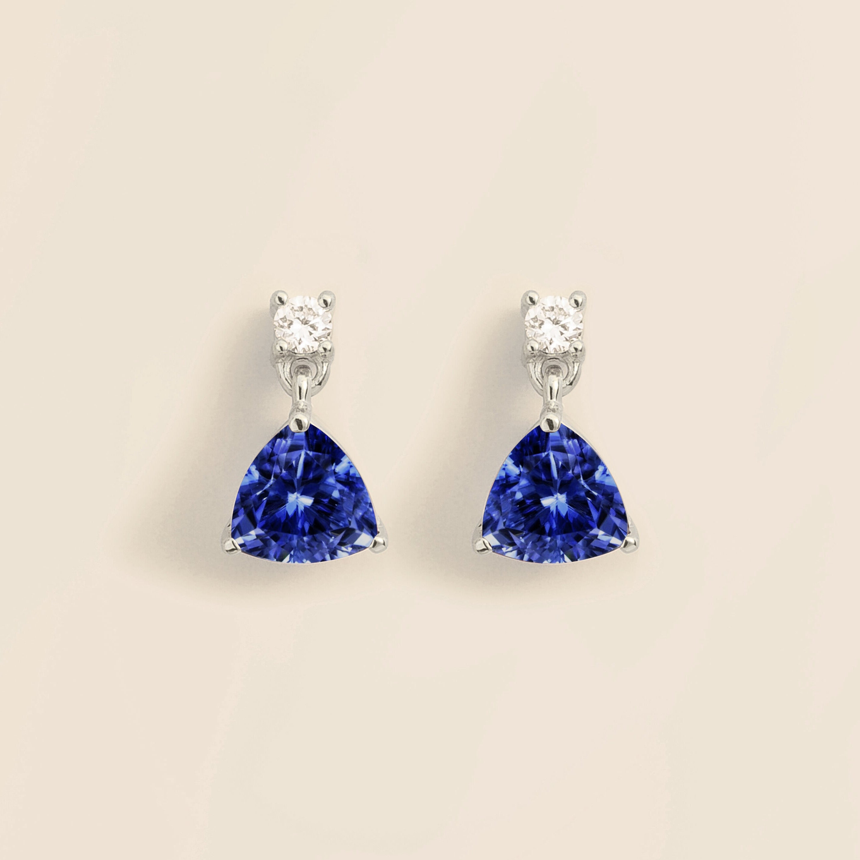 Trillion White Gold Earrings Set With Blue Sapphire & Diamond