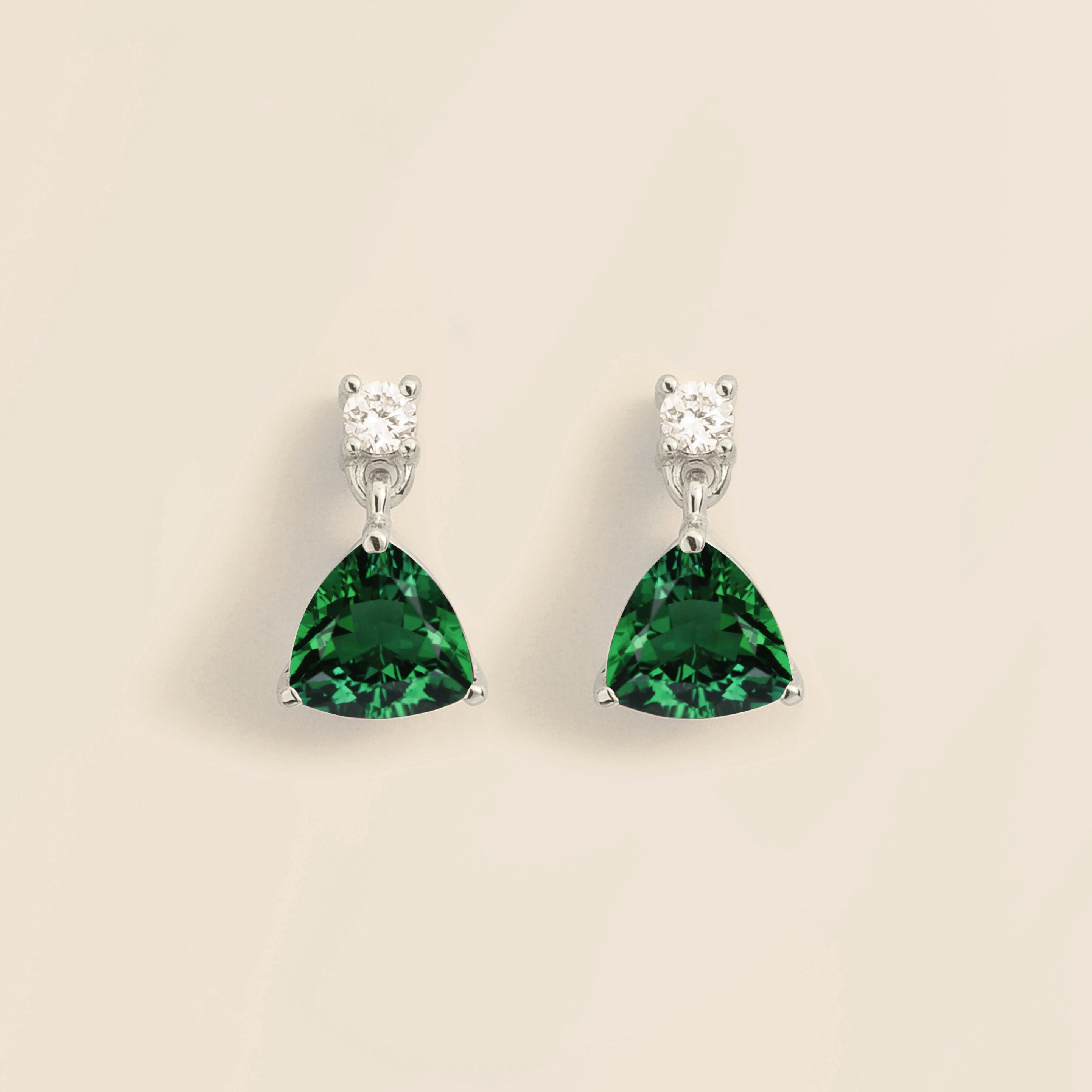 Trillion White Gold Earrings Set With Emerald & Diamond