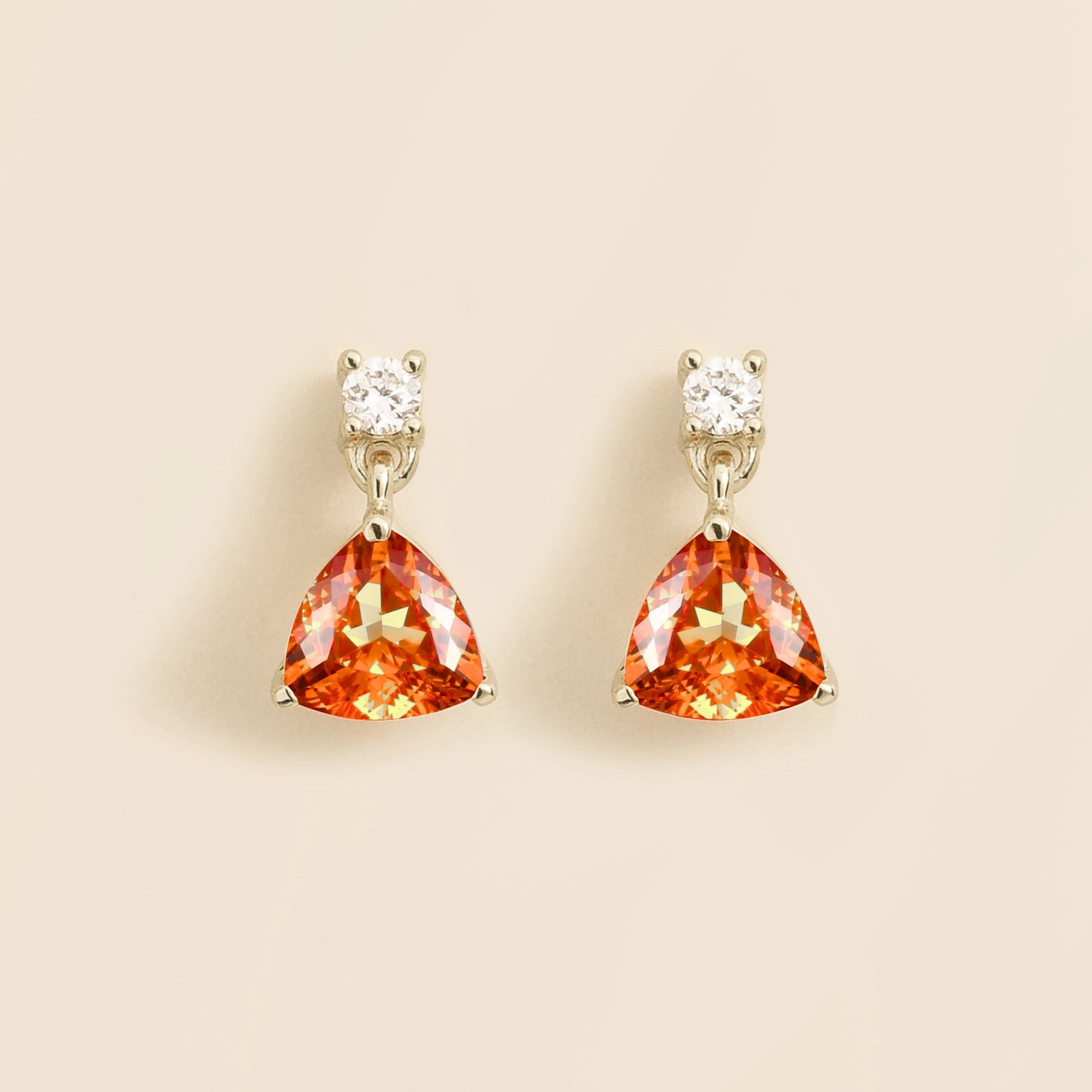 Trillion White Gold Earrings Set With Padparadscha Sapphire & Diamond