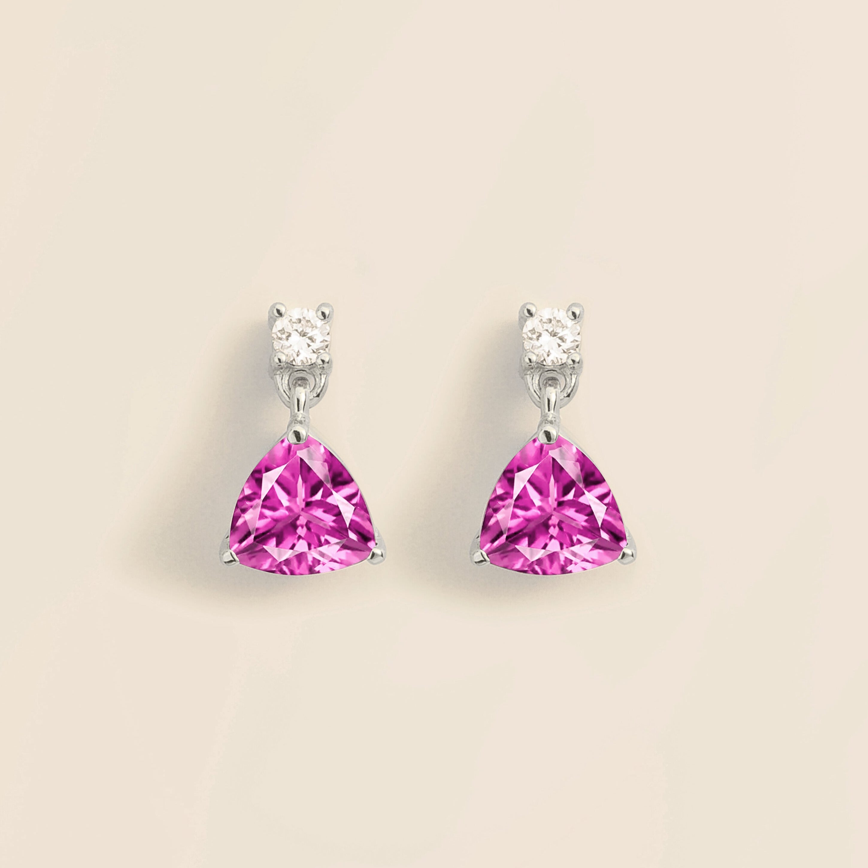 Trillion White Gold Earrings Set With Pink Sapphire & Diamond