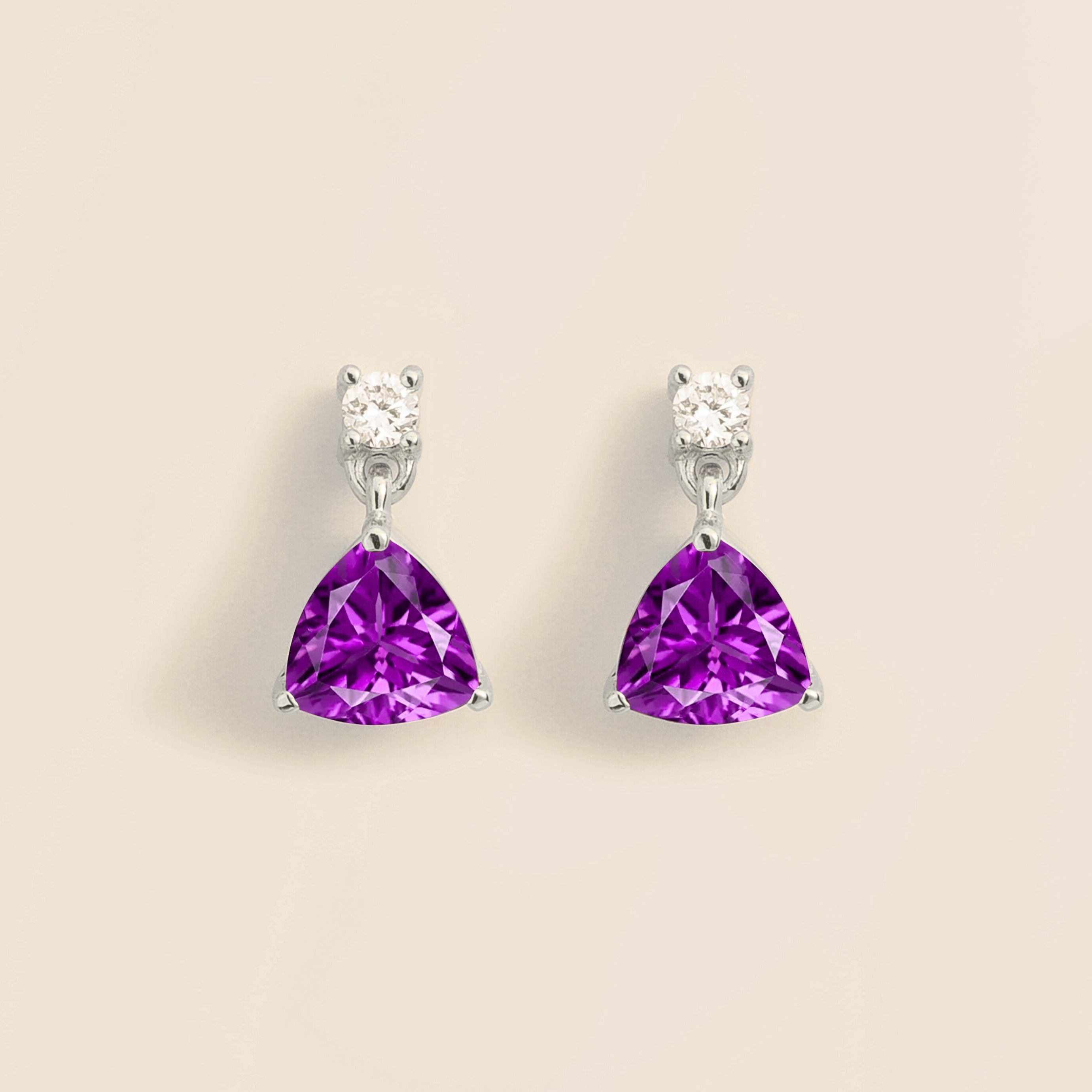 Trillion White Gold Earrings Set With Purple Sapphire & Diamond